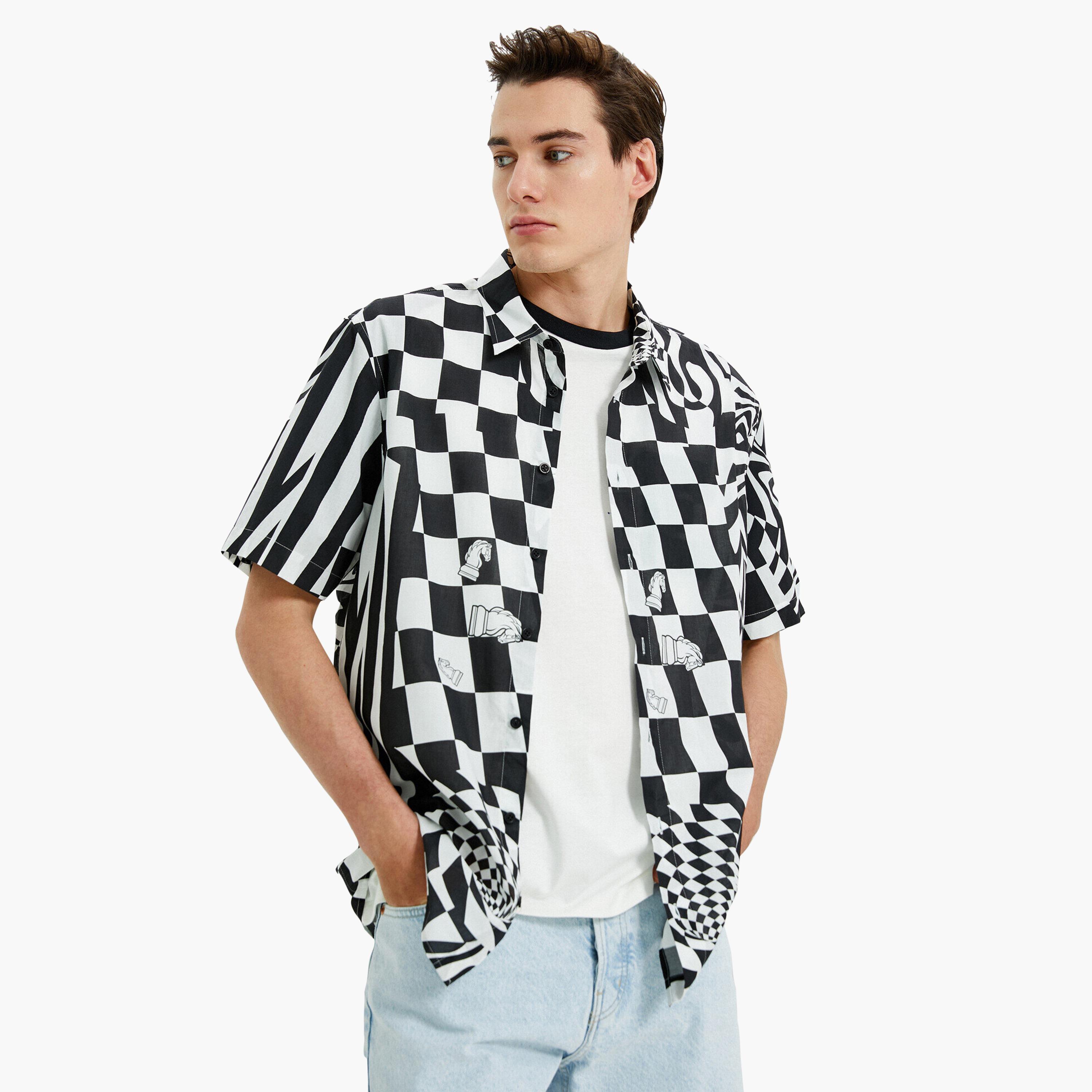 KOTON Regular Fit Chess Print Collared Short Sleeves Men's Shirt-men-clothing-shirts-image-1