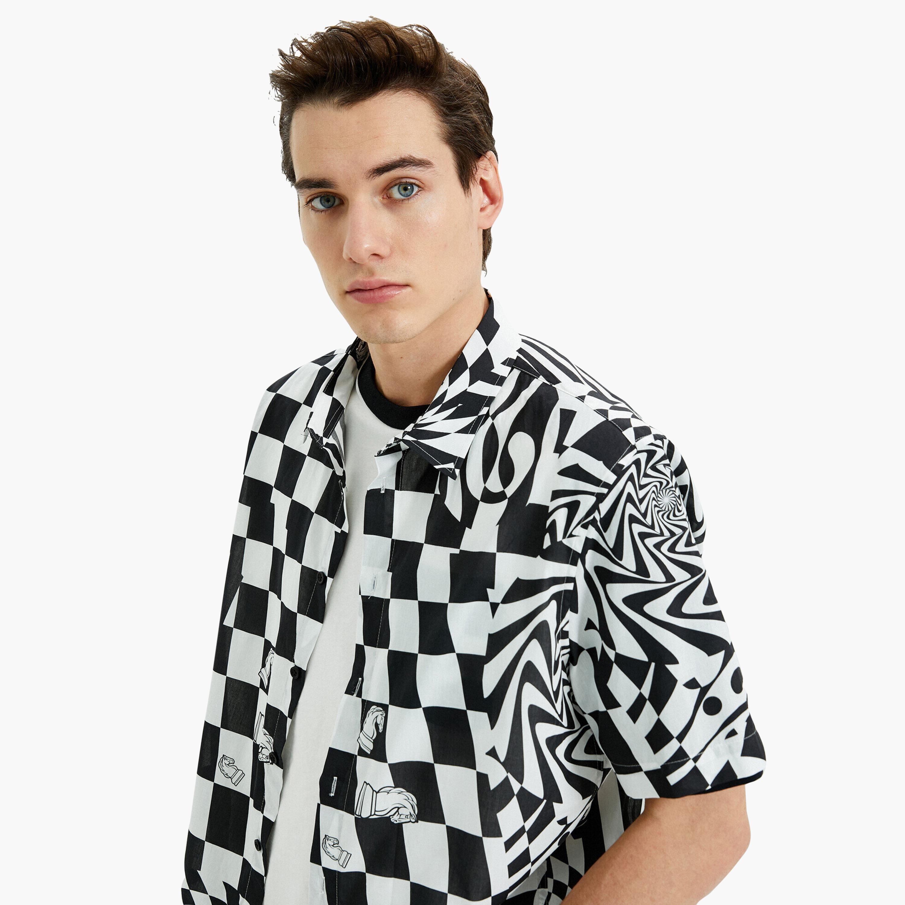 KOTON Regular Fit Chess Print Collared Short Sleeves Men's Shirt-men-clothing-shirts-image-2