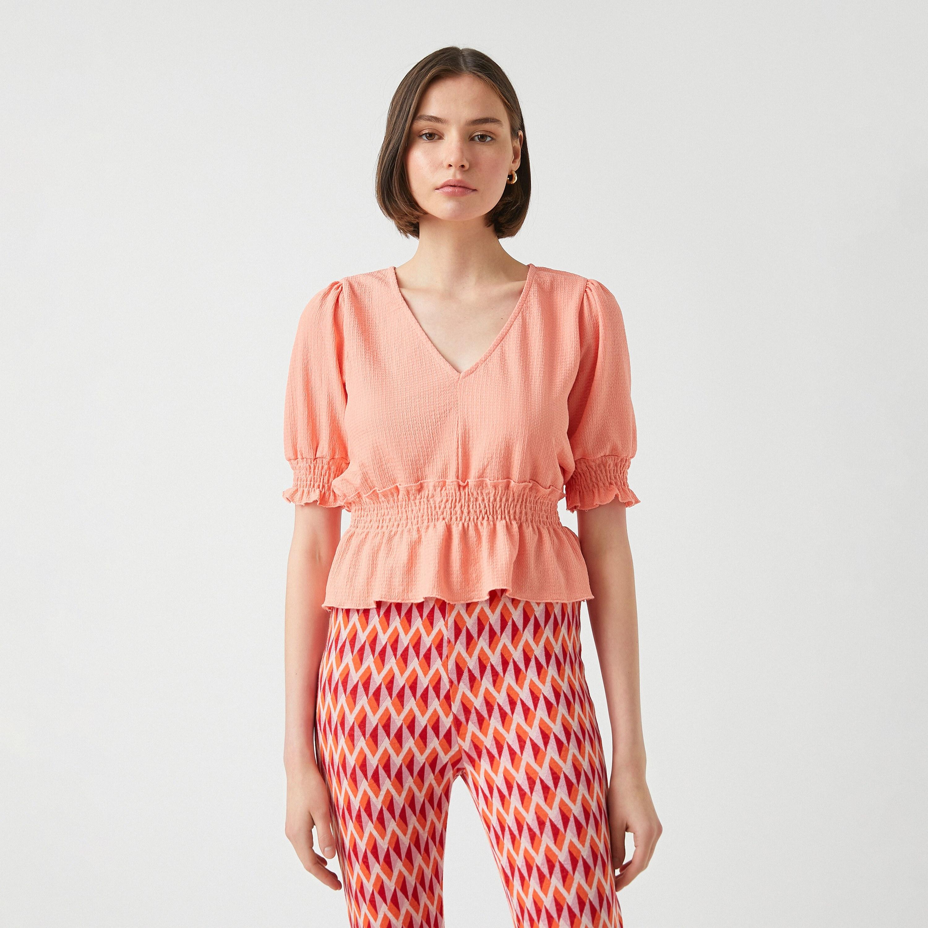 KOTON Peach Crinkled Puff Sleeves Women's Peplum Top-women-clothing-shirtsandblouses-blouses-image-1