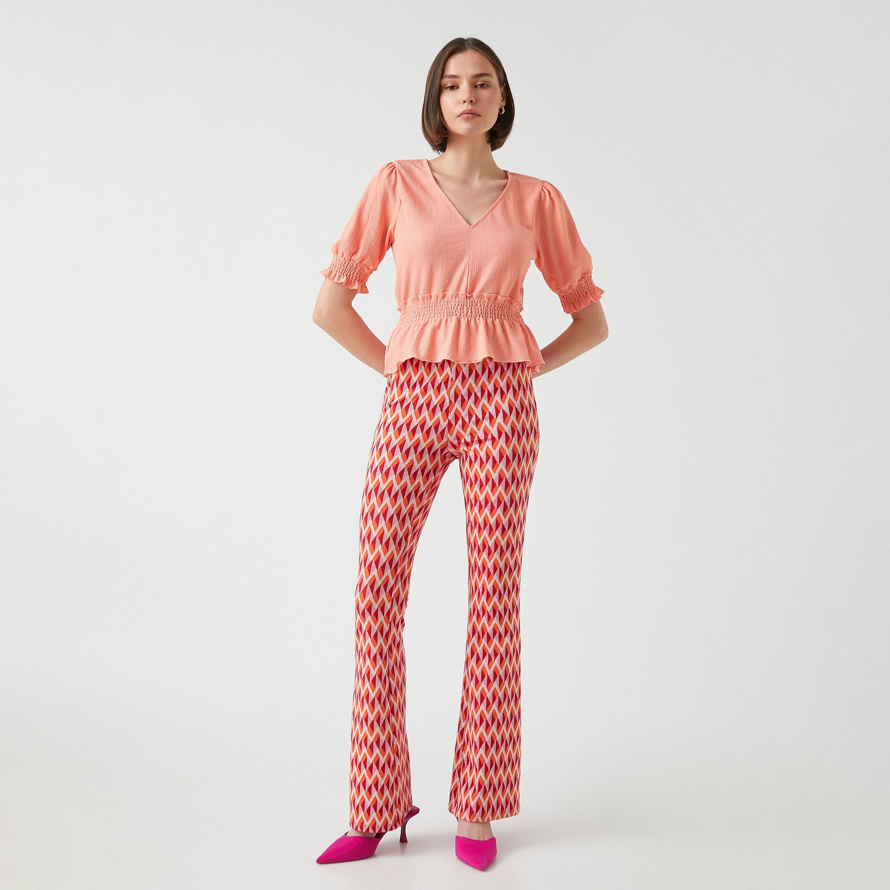 KOTON Peach Crinkled Puff Sleeves Women's Peplum Top-women-clothing-shirtsandblouses-blouses-image-2