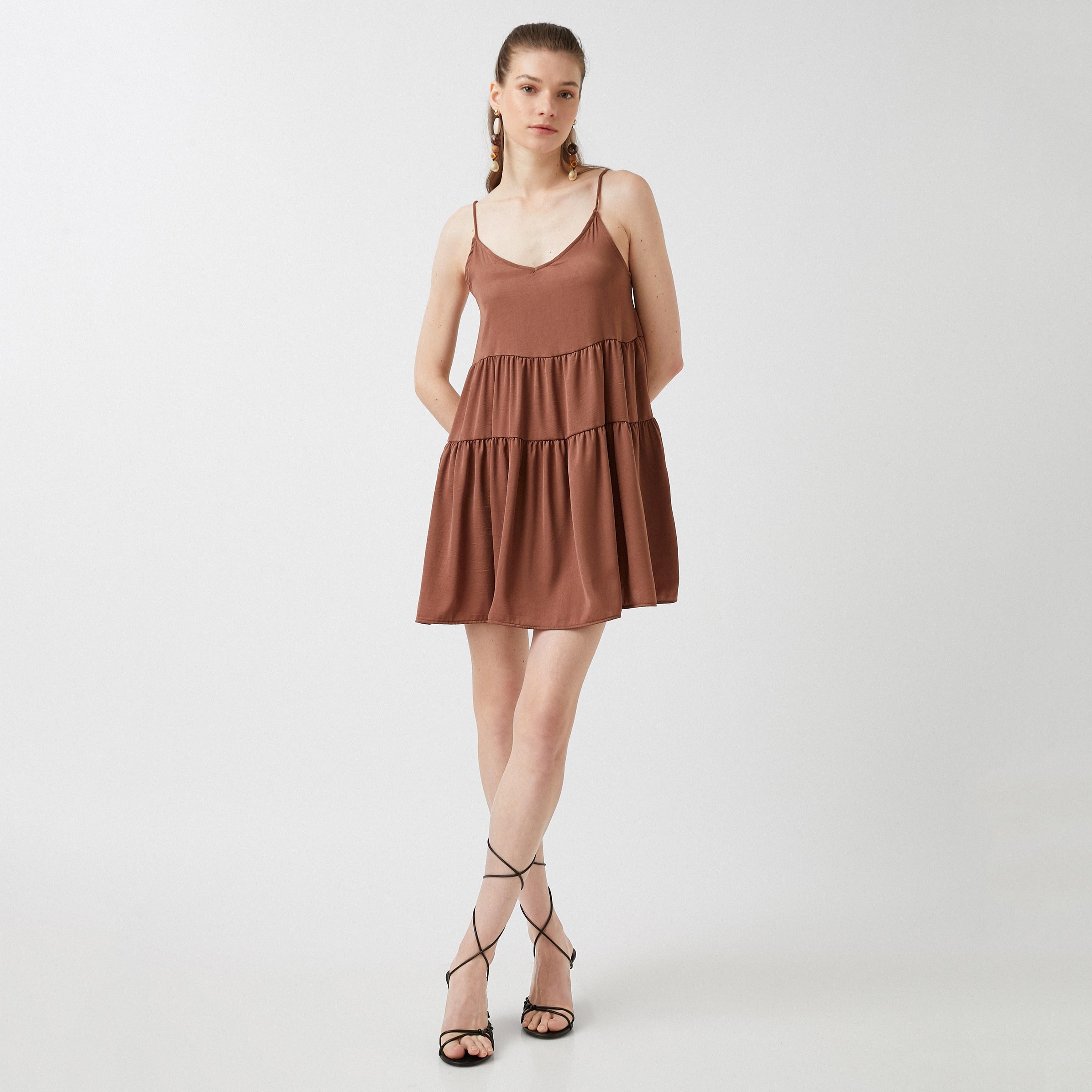 KOTON Brown Shoulder Straps Tiered Women's Mini Dress-women-clothing-dresses-image-1