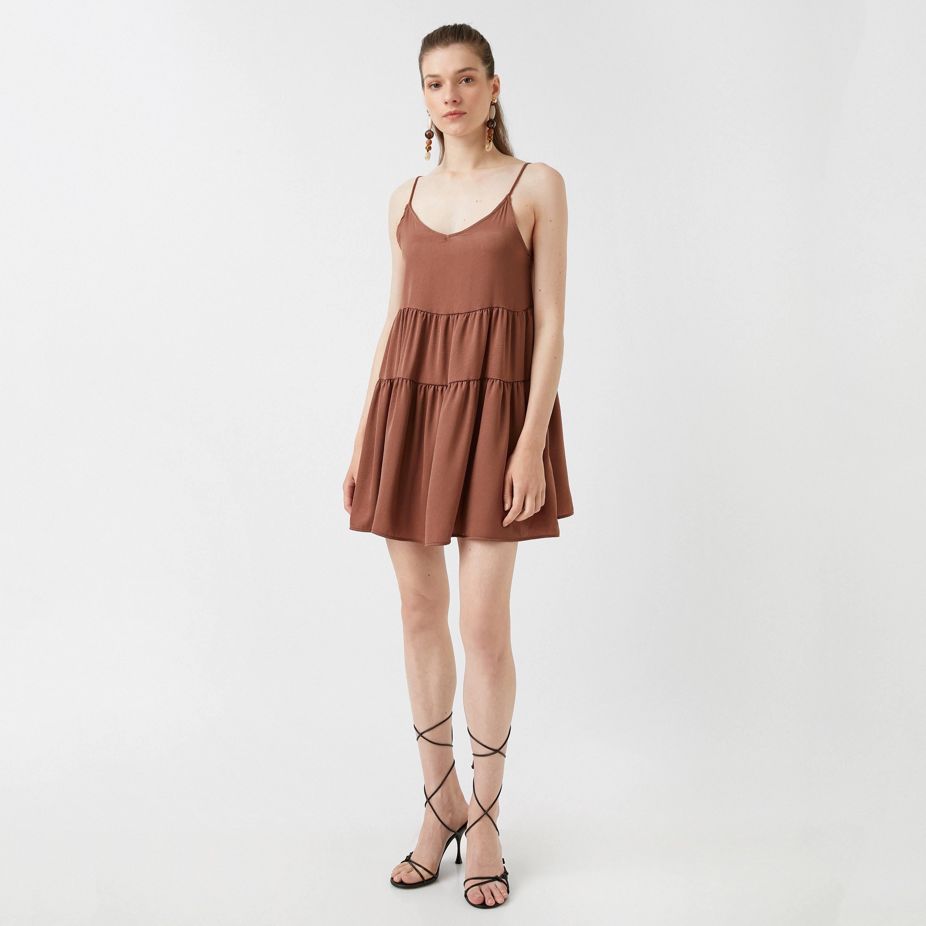 KOTON Brown Shoulder Straps Tiered Women's Mini Dress-women-clothing-dresses-image-2