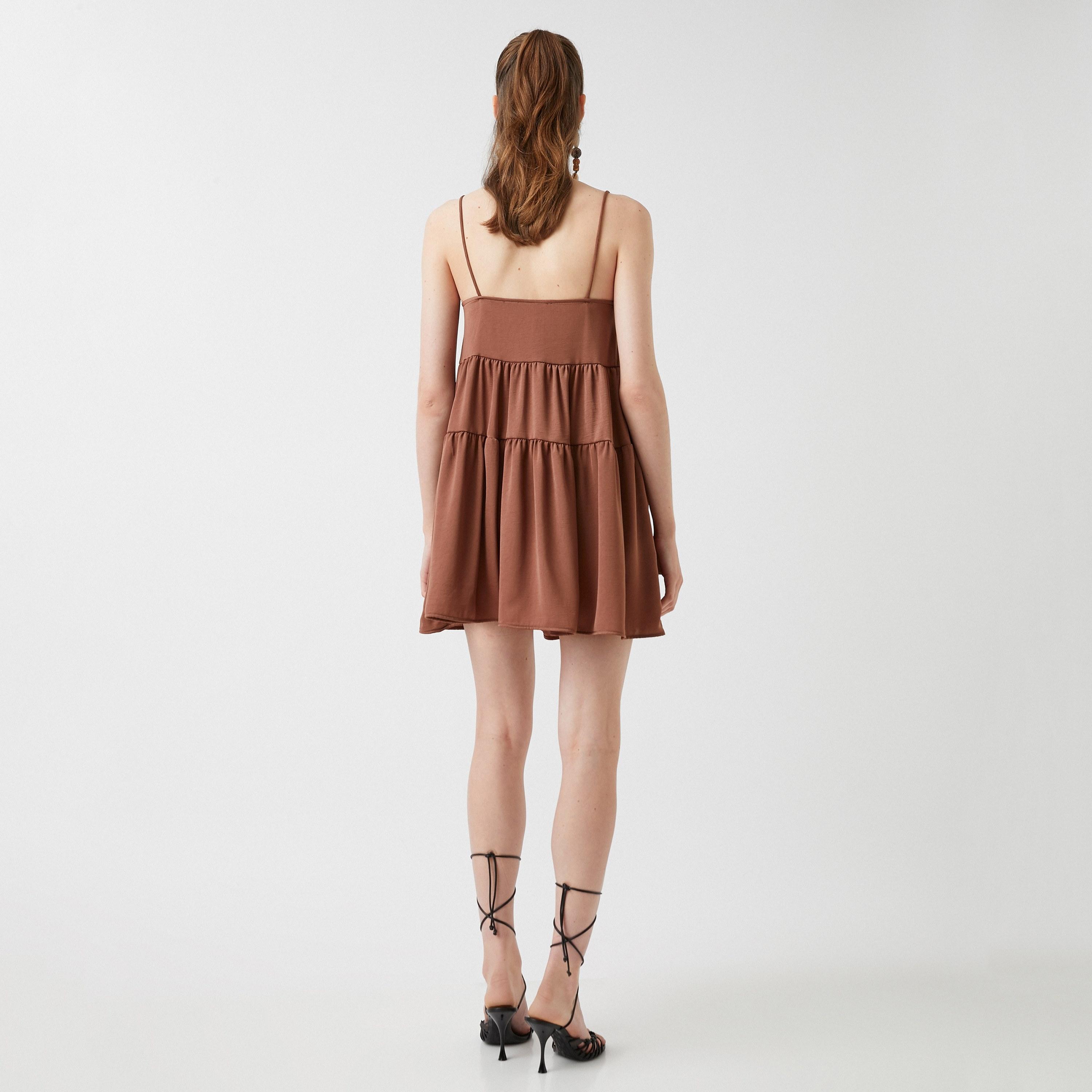 KOTON Brown Shoulder Straps Tiered Women's Mini Dress-women-clothing-dresses-image-3