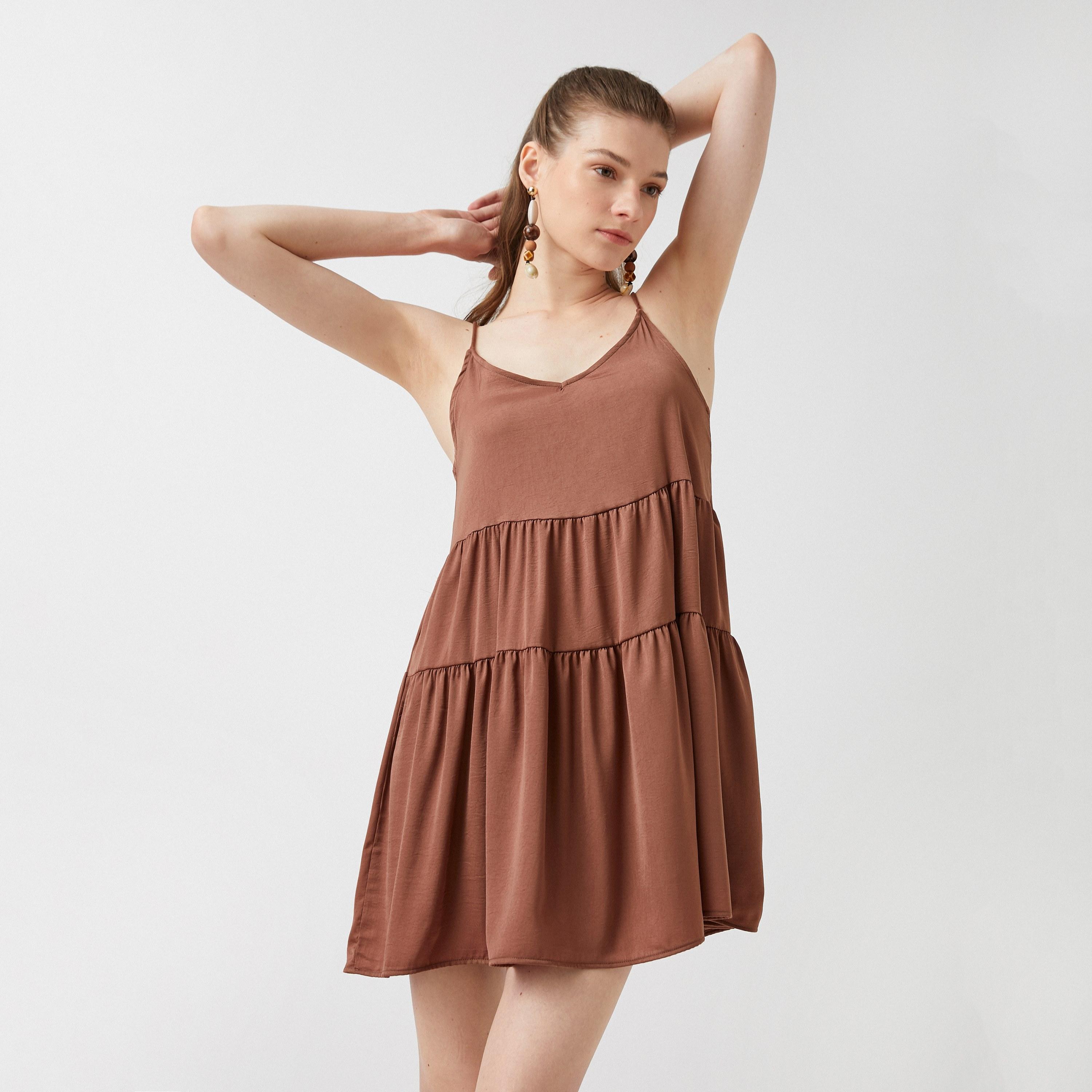 KOTON Brown Shoulder Straps Tiered Women's Mini Dress-women-clothing-dresses-image-4