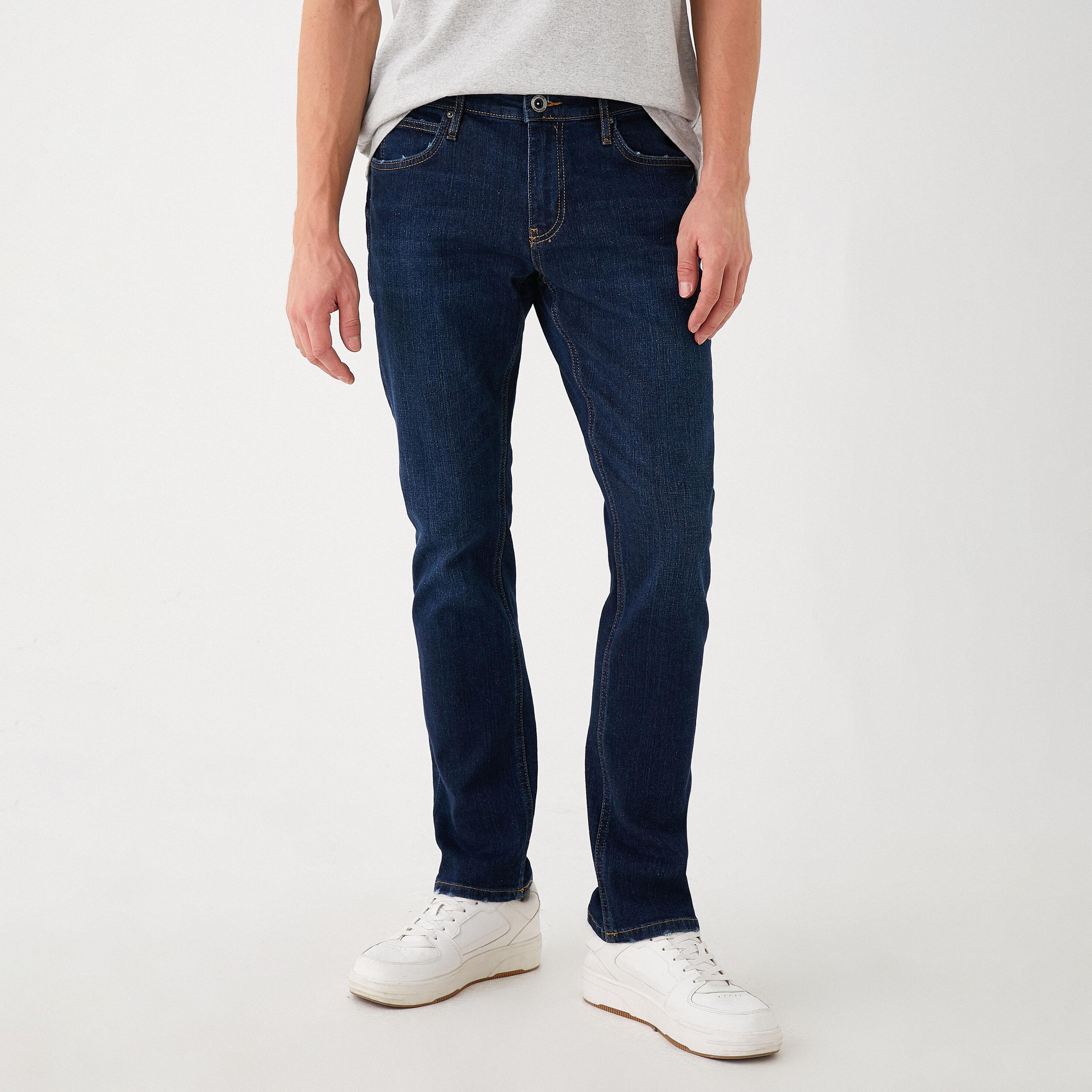 بنطلون جينز رجالي خصر متوسط قصة مستقيمة "ستريت فت" سادة من كوتون-men-clothing-bottoms-jeans-image-1