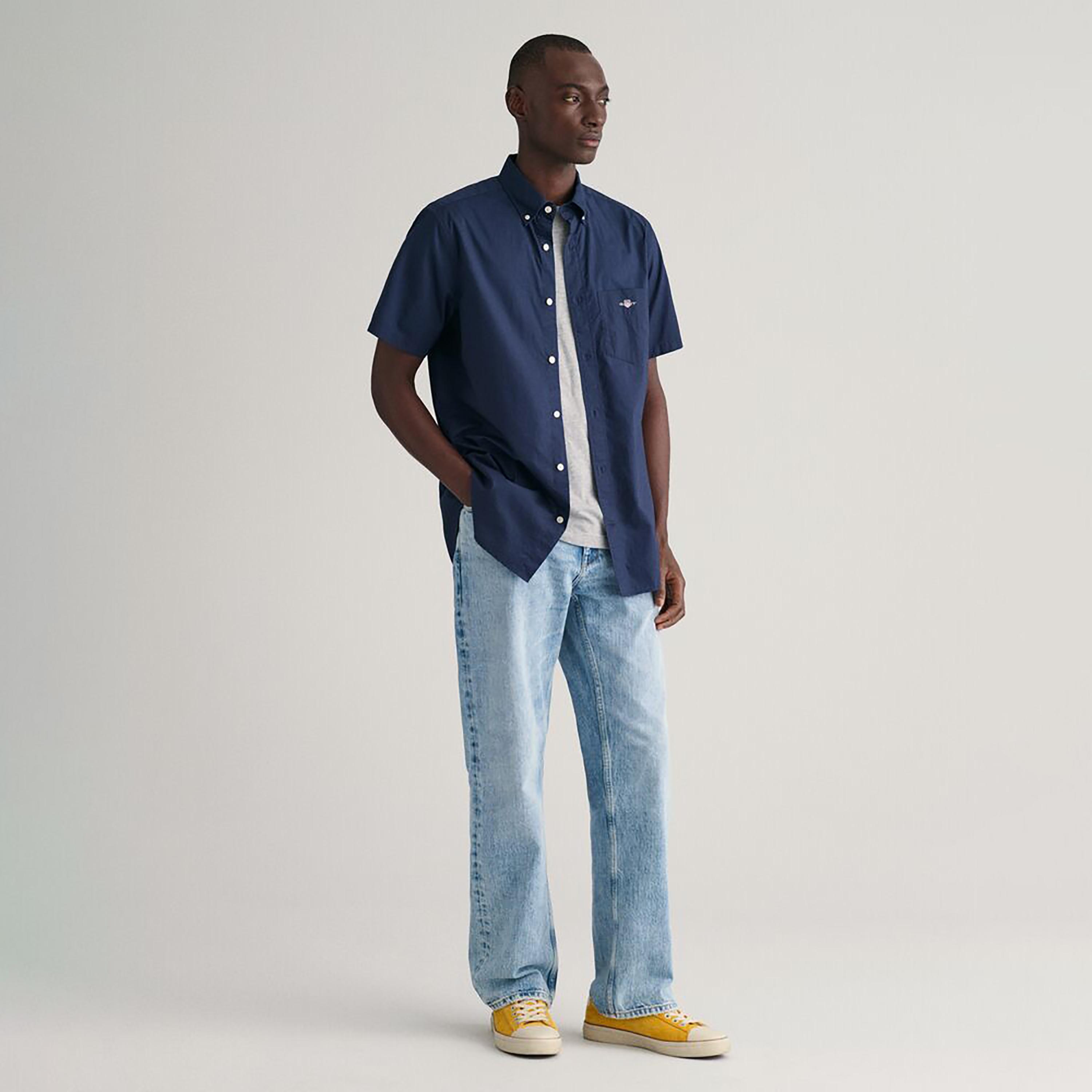 Gant Plain Regular Fit Short Sleeves Poplin Button-Down Collar Men's Shirt-men-clothing-shirts-image-7