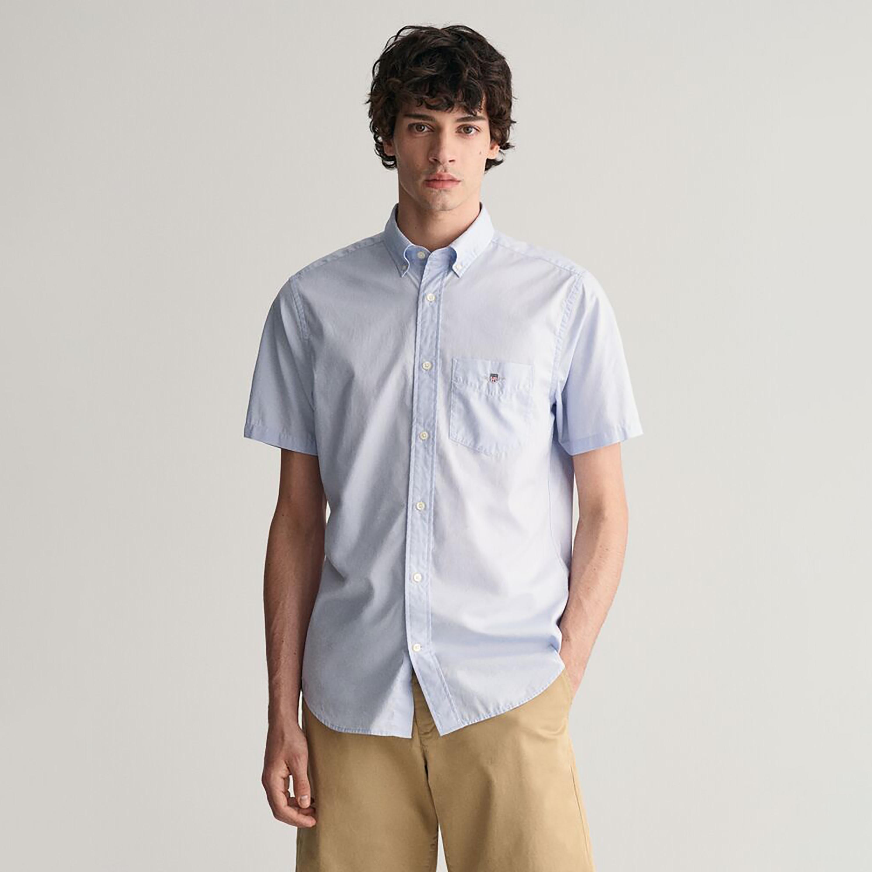 Gant Plain Regular Fit Short Sleeves Poplin Button-Down Collar Men's Shirt-men-clothing-shirts-image-10