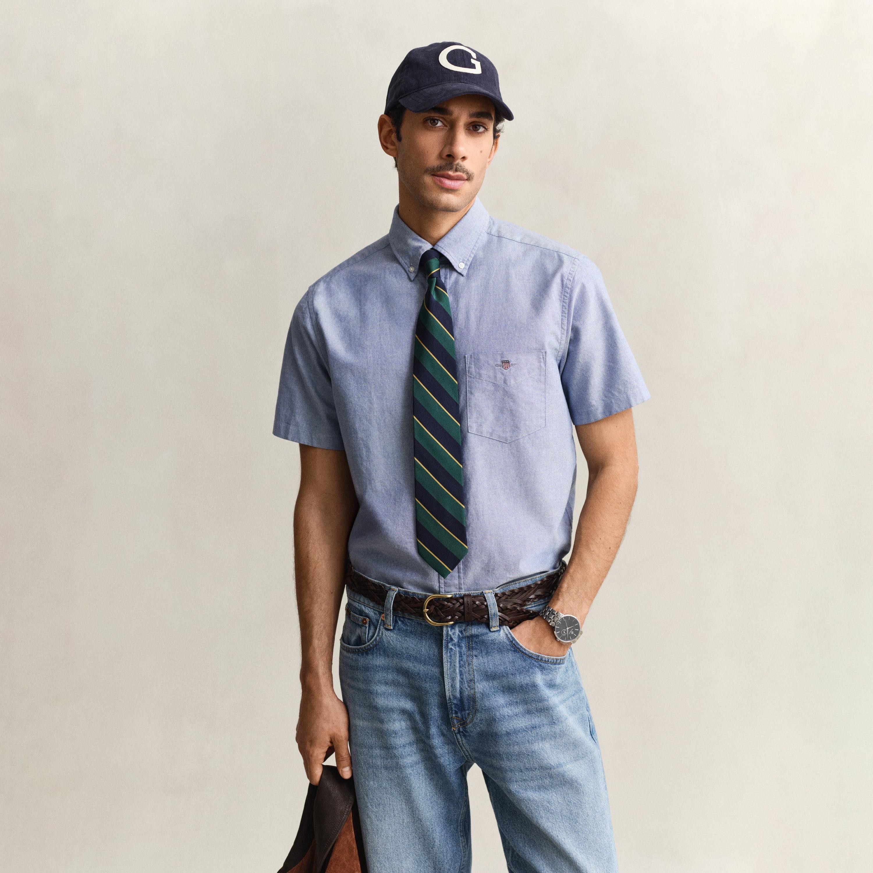 قميص أكسفورد رجالي بقصة عادية بياقة بأزرار وأكمام قصيرة، سادة من جانت-men-clothing-shirts-image-19