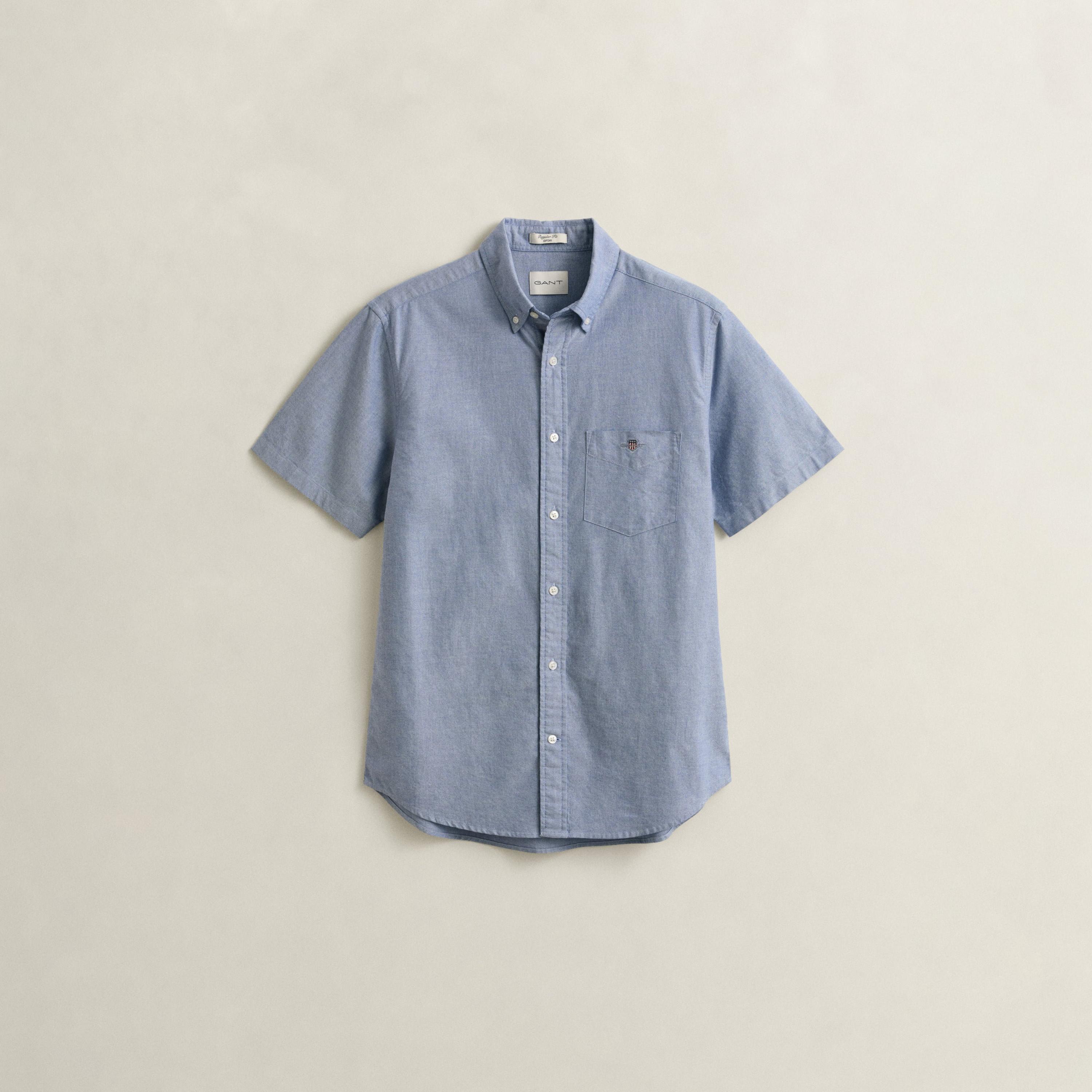 قميص أكسفورد رجالي بقصة عادية بياقة بأزرار وأكمام قصيرة، سادة من جانت-men-clothing-shirts-image-20