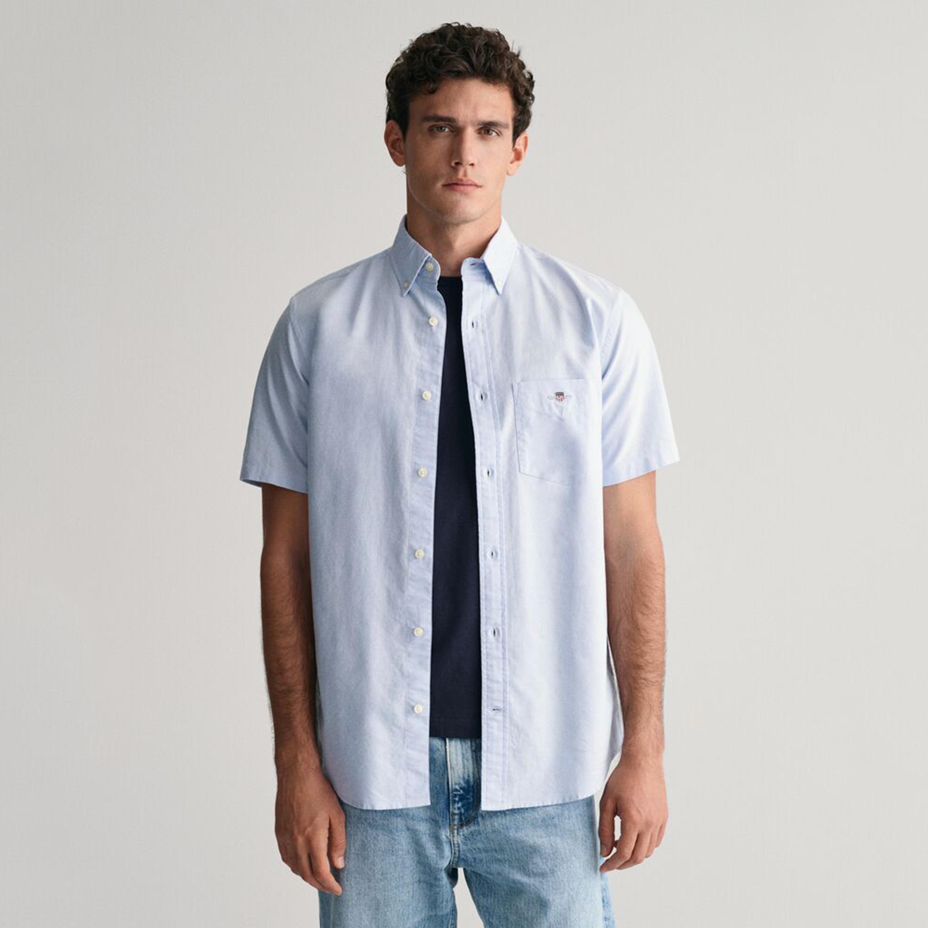 Gant Regular Fit Plain Button-Down Collar Short Sleeves Men's Shirt-men-clothing-shirts-image-1
