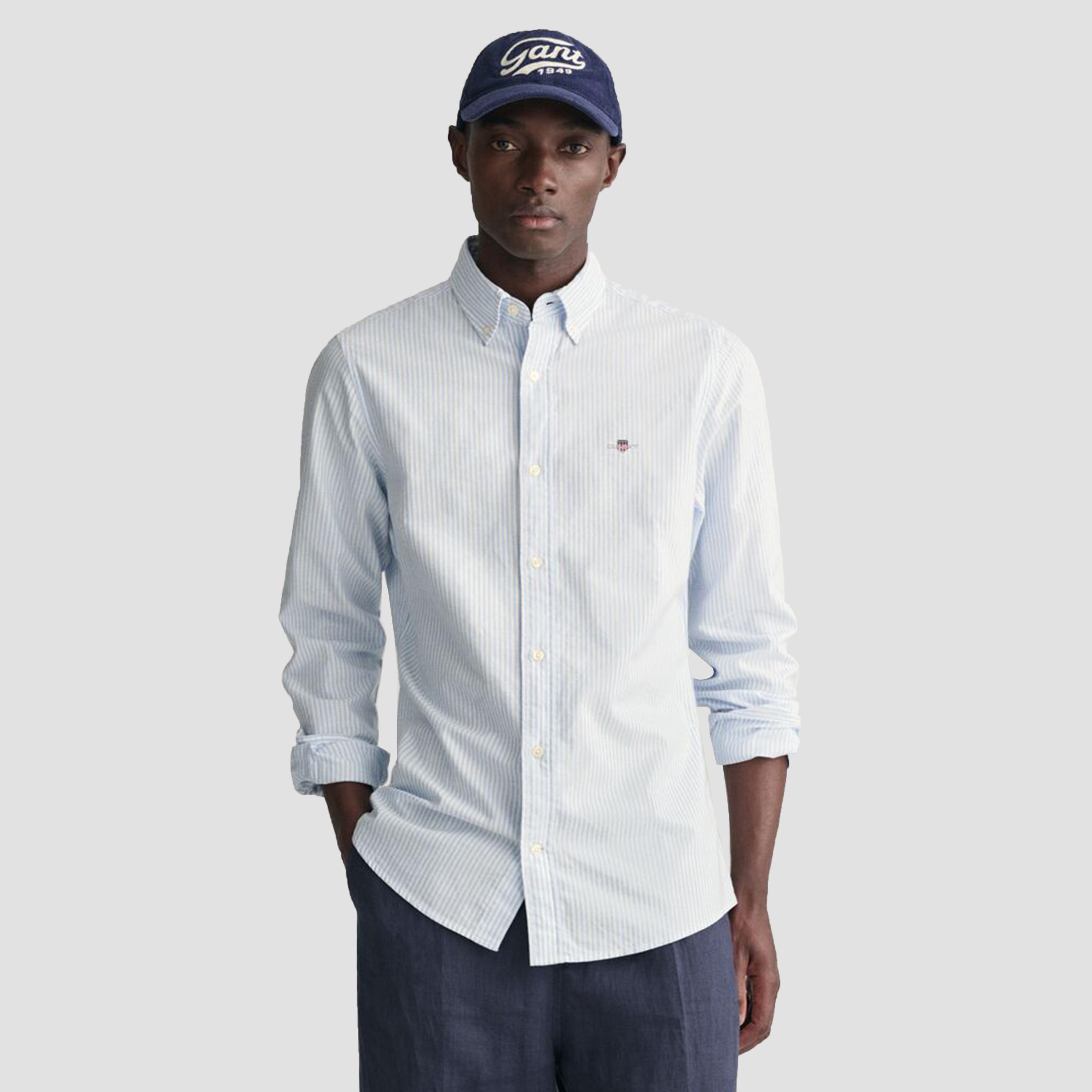 قميص أكسفورد رجالي بقصة ضيقة بياقة بأزرار وأكمام طويلة، مخطط من جانت-men-clothing-shirts-image-1