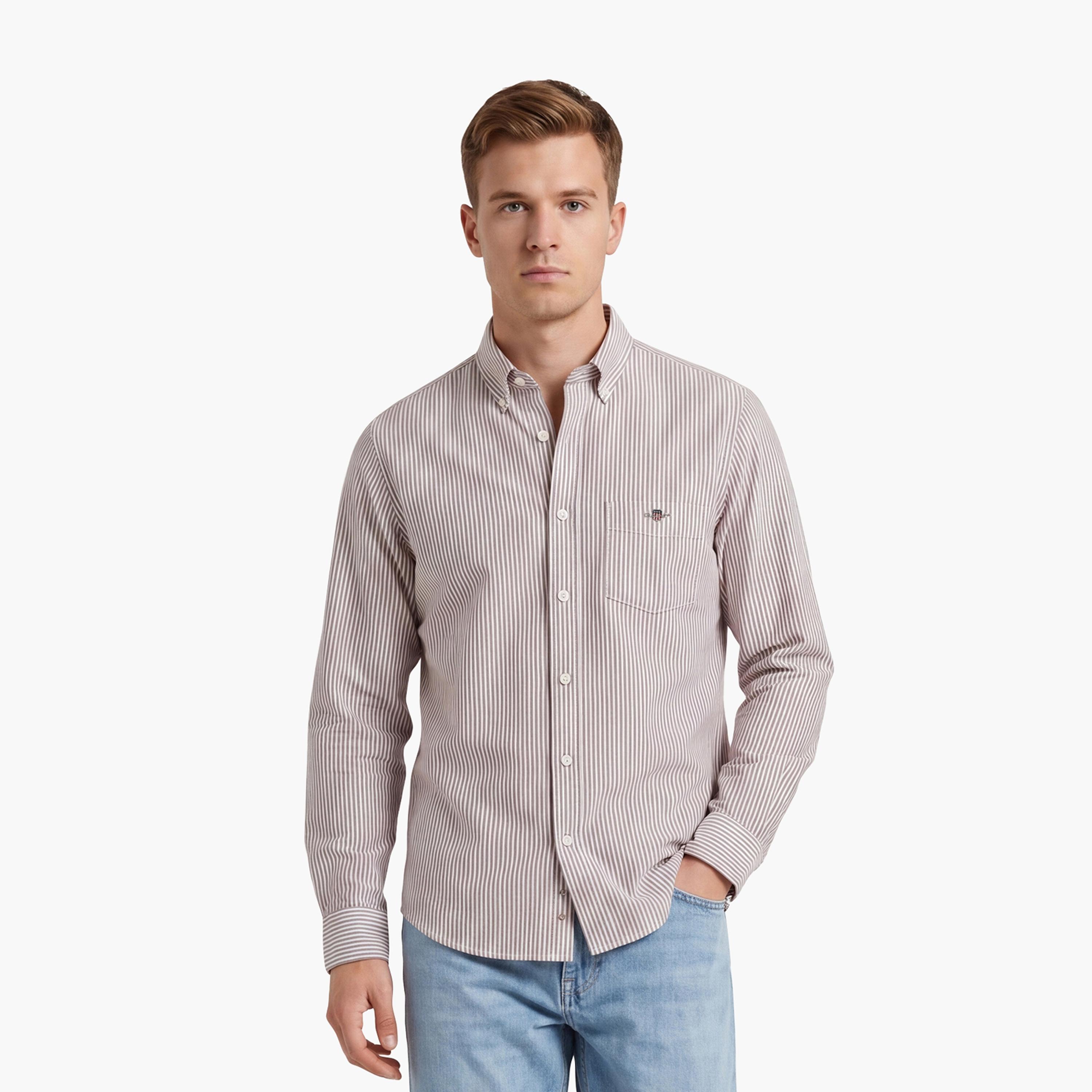 قميص أكسفورد رجالي بقصة ضيقة بياقة بأزرار وأكمام طويلة، مخطط من جانت-men-clothing-shirts-image-1
