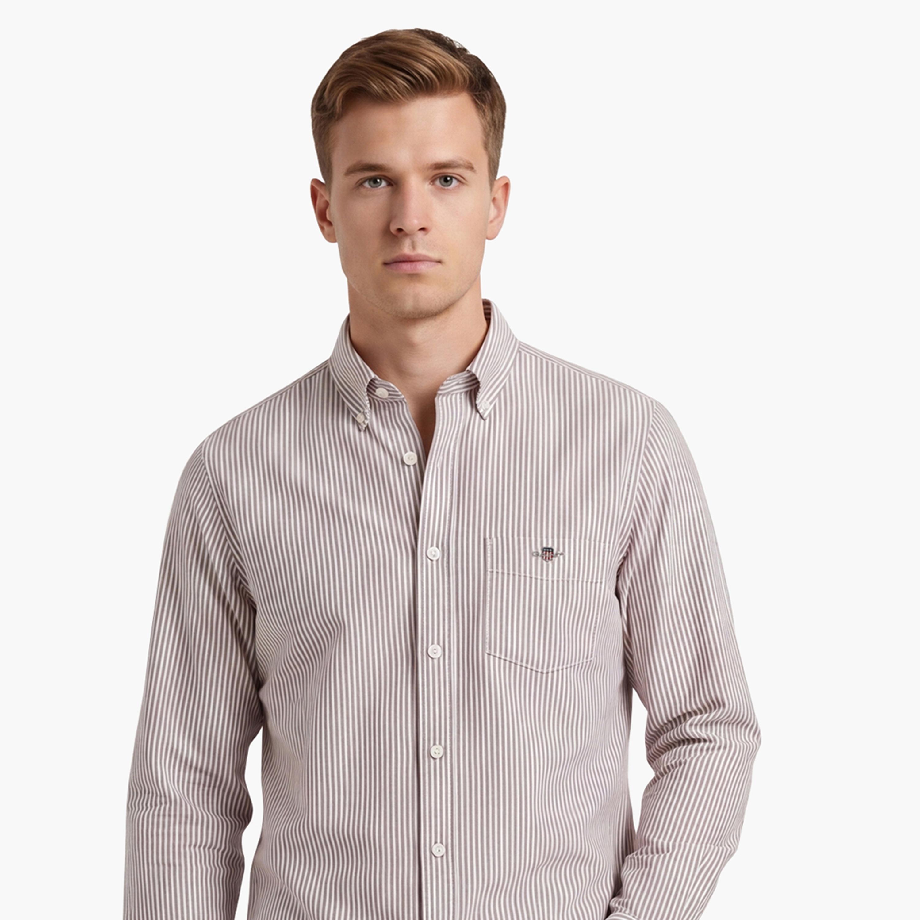 قميص أكسفورد رجالي بقصة ضيقة بياقة بأزرار وأكمام طويلة، مخطط من جانت-men-clothing-shirts-image-2