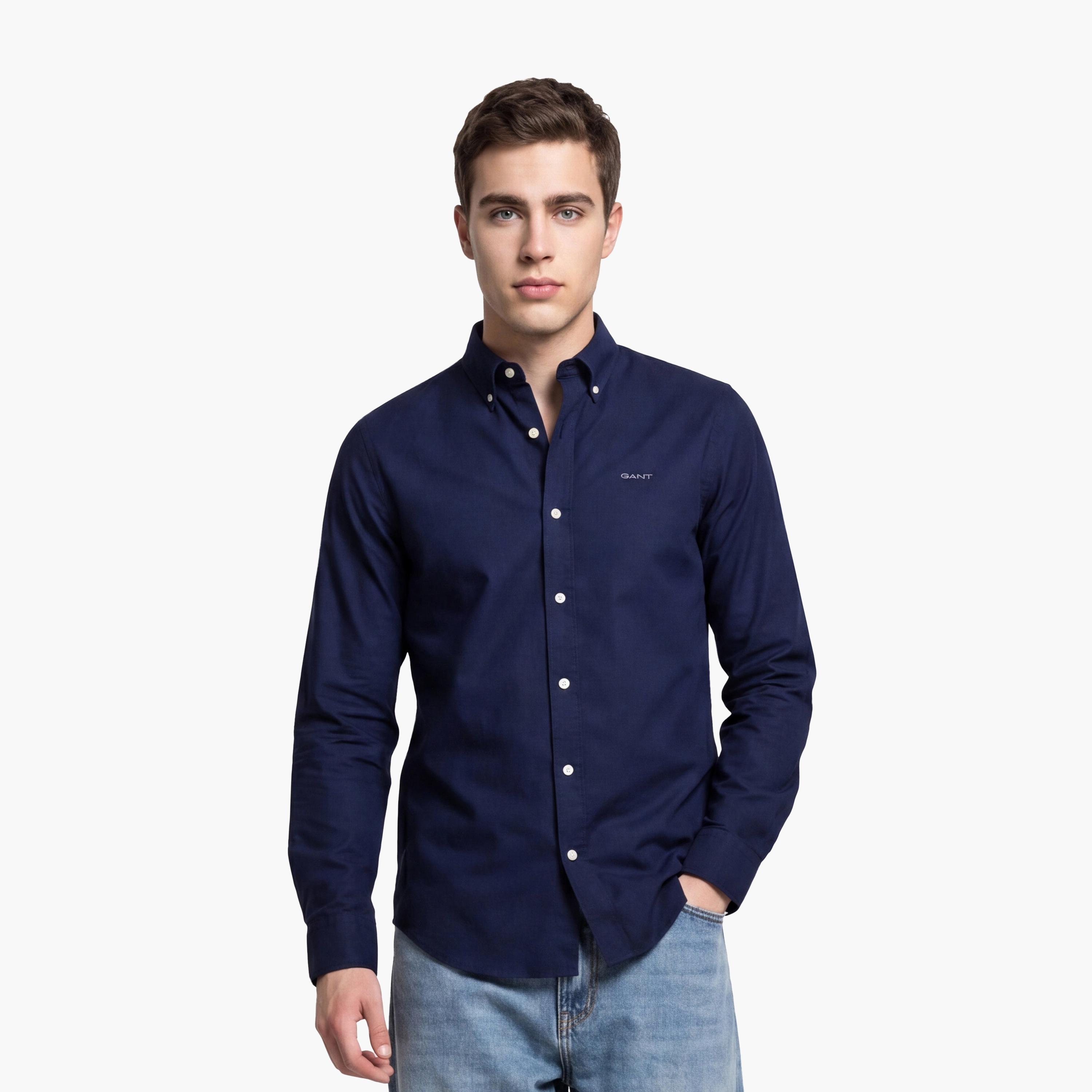 قميص رجالي من Gant بقصة ضيقة وأكمام طويلة وياقة بأزرار سفلية-men-clothing-shirts-image-1