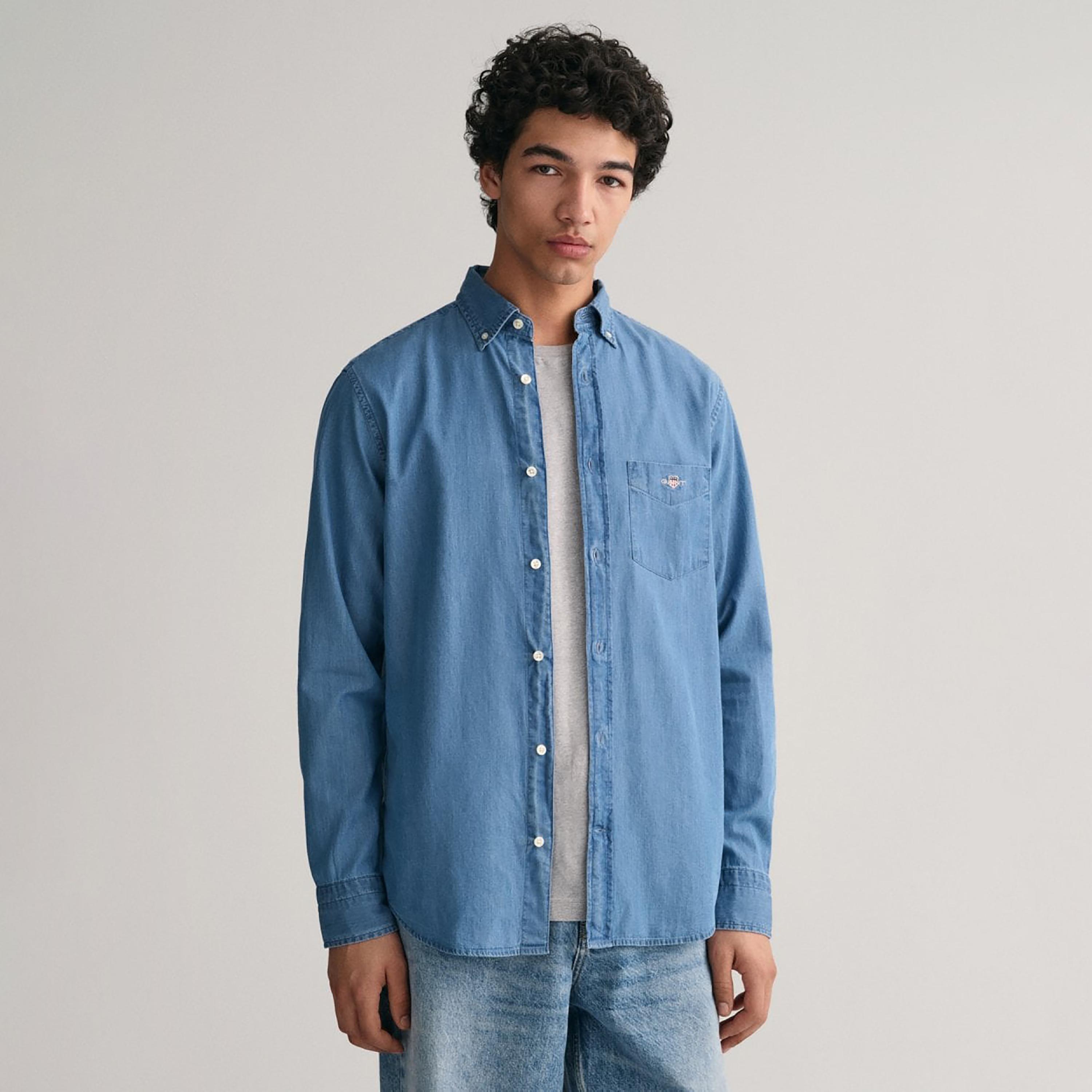 قميص من جانت لوجو التفاصيل مزين بأزرار سفلية وأكمام طويلة وجيب رقعة-men-clothing-shirts-image-1
