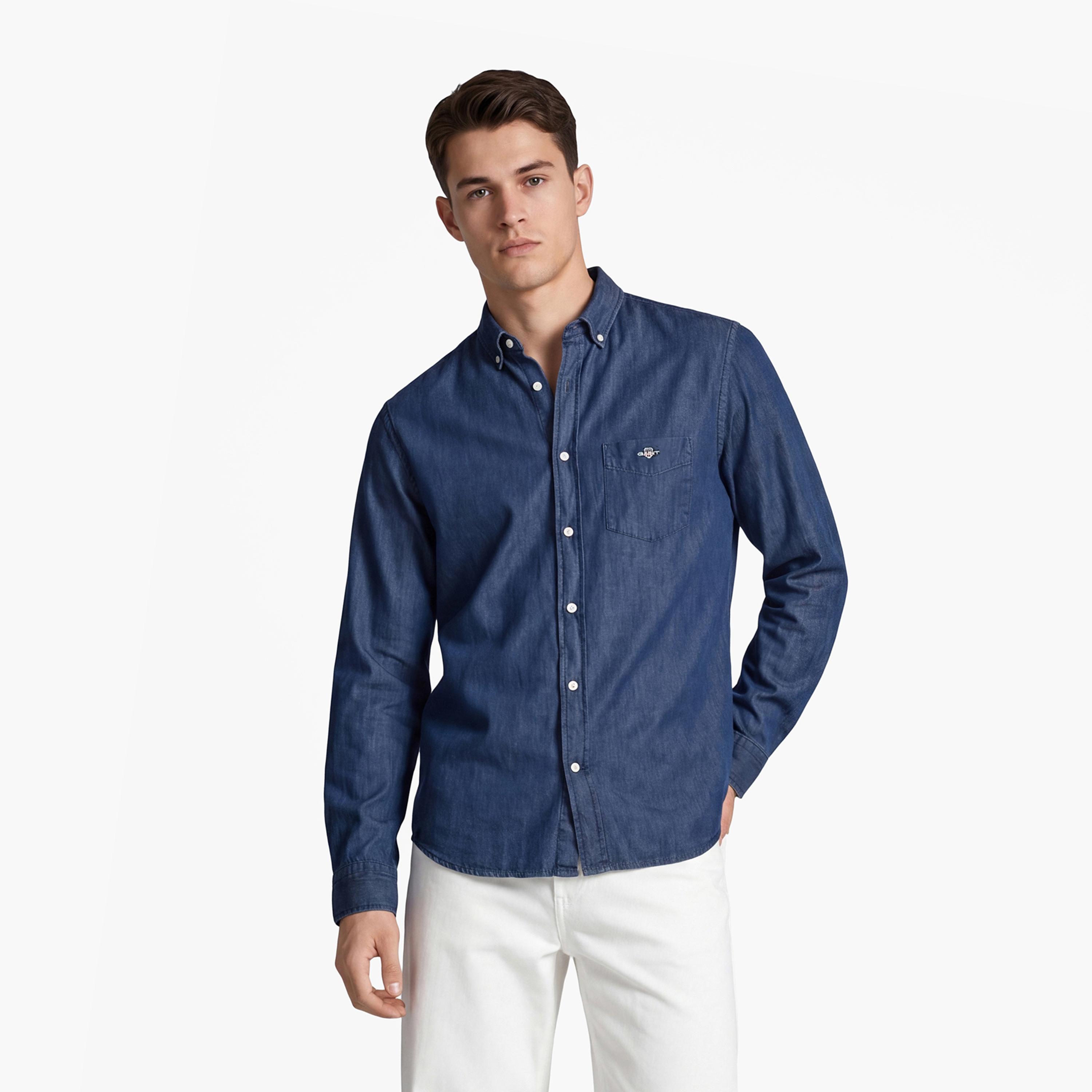 Gant Logo Detail Button Down Collar Long Sleeves Shirt with Patch Pocket-men-clothing-shirts-image-1