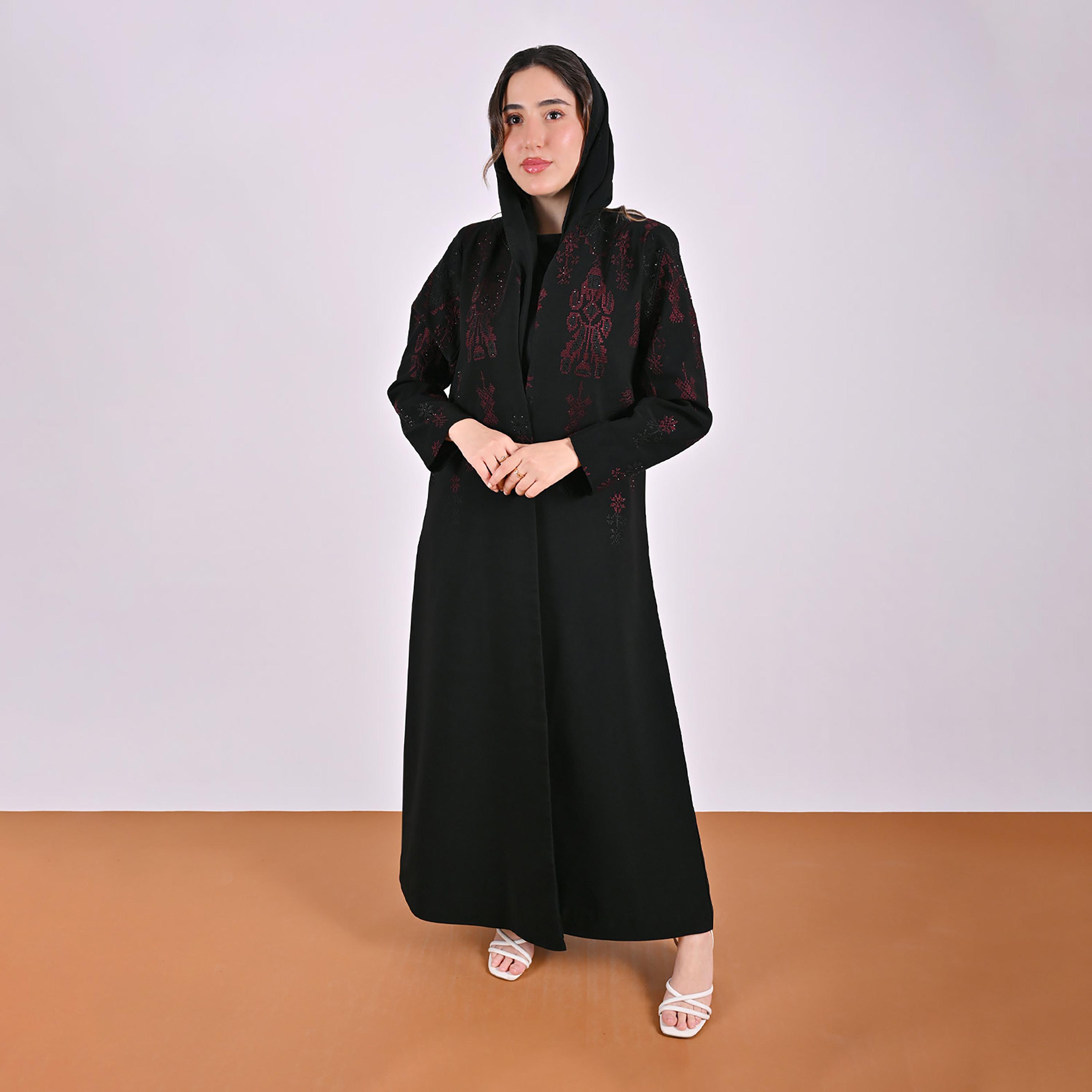 Hawraa Black Geometric Embroidered Linen Women's Abaya with Hijab-women-arabicclothing-abayas-image-1