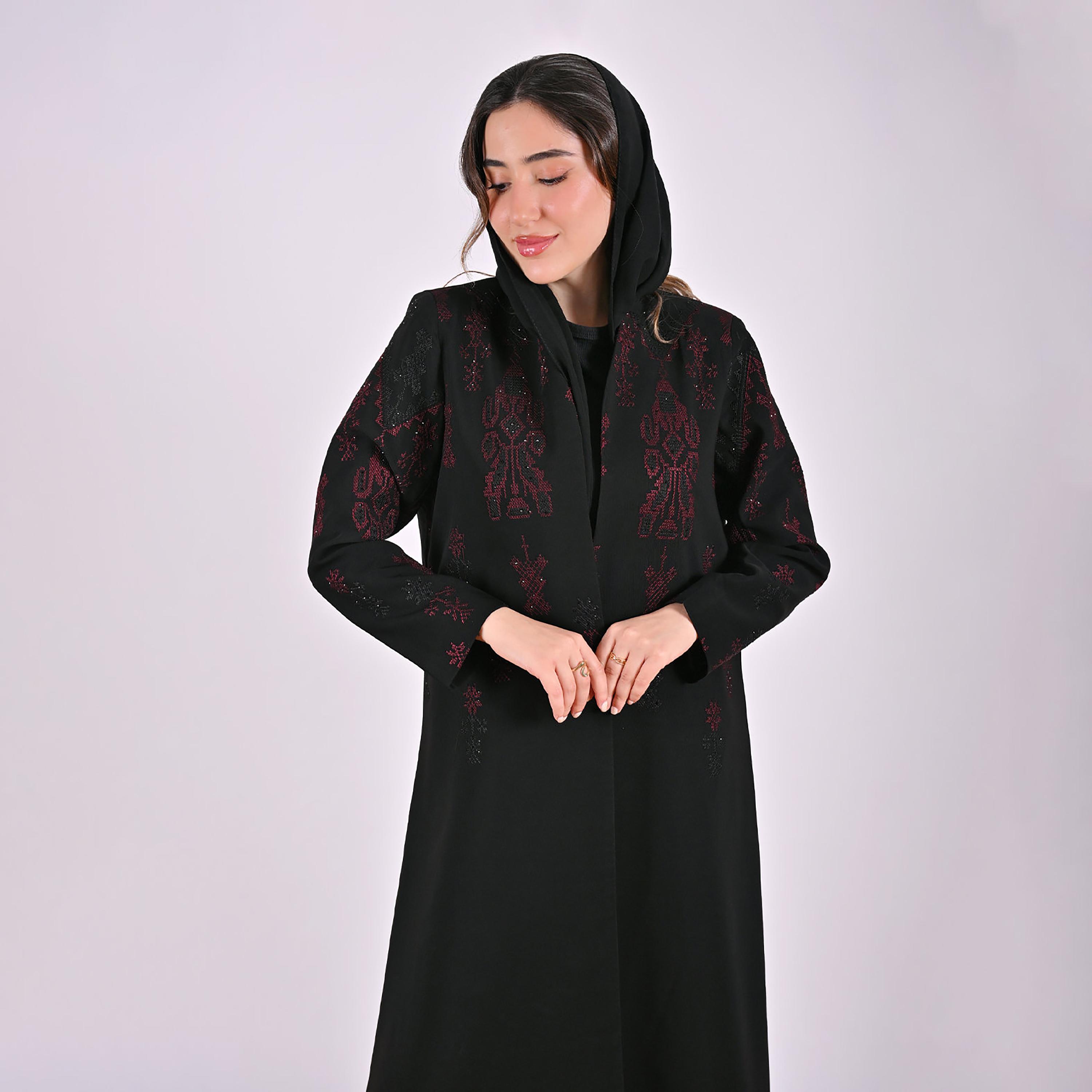 Hawraa Black Geometric Embroidered Linen Women's Abaya with Hijab-women-arabicclothing-abayas-image-2