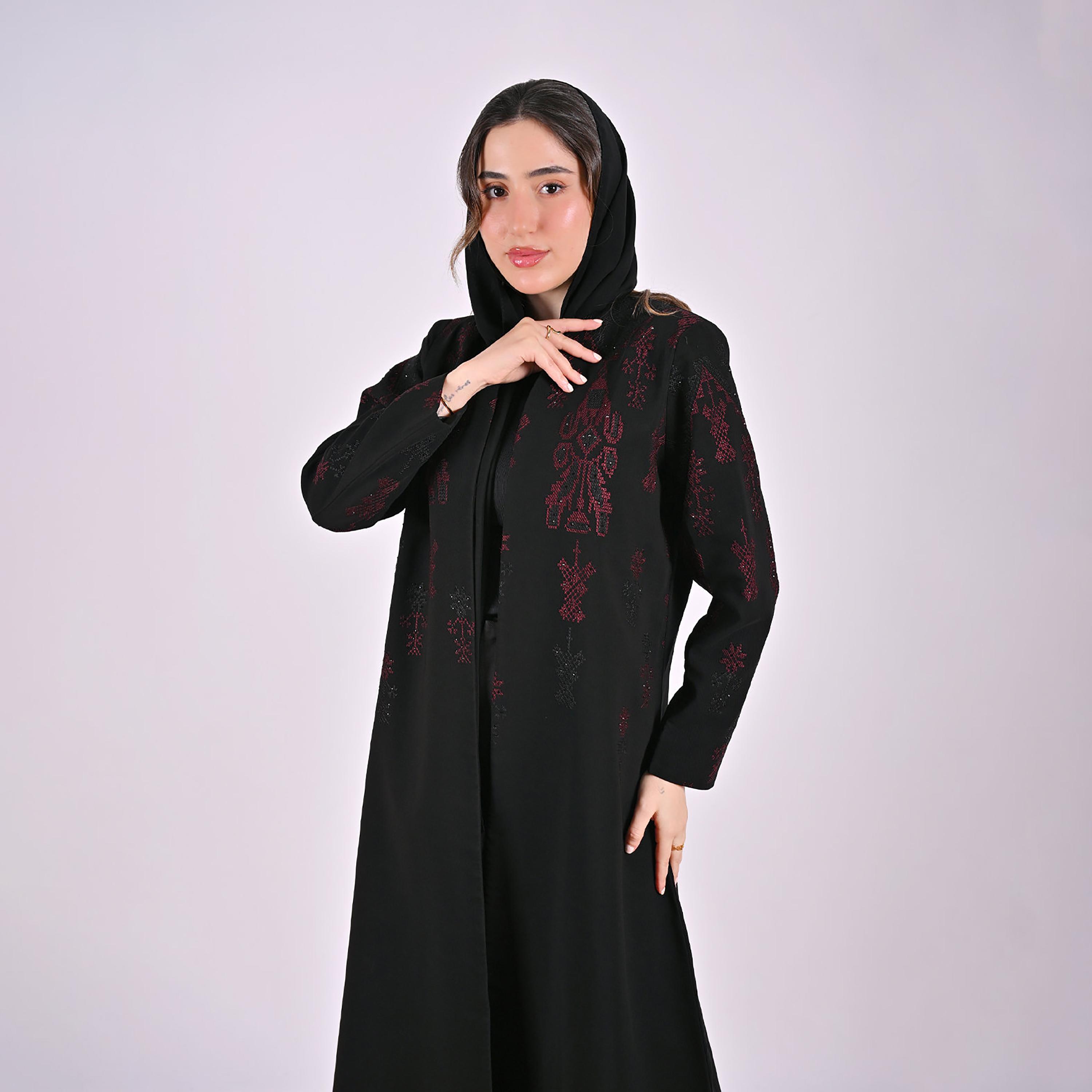 Hawraa Black Geometric Embroidered Linen Women's Abaya with Hijab-women-arabicclothing-abayas-image-3