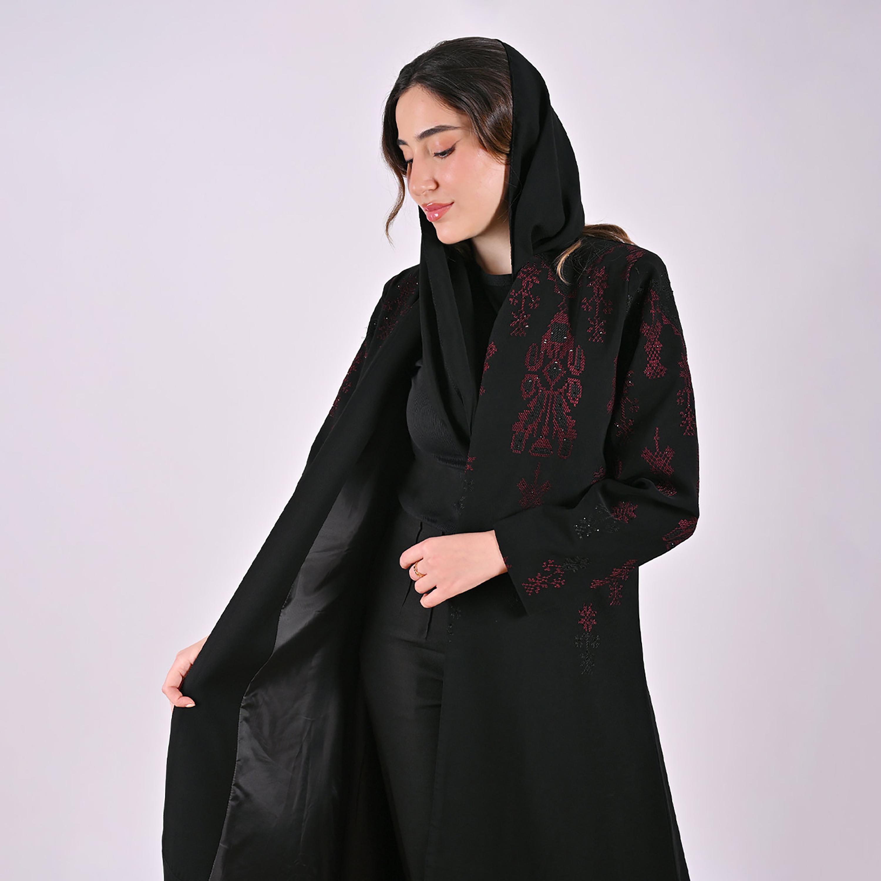 Hawraa Black Geometric Embroidered Linen Women's Abaya with Hijab-women-arabicclothing-abayas-image-4