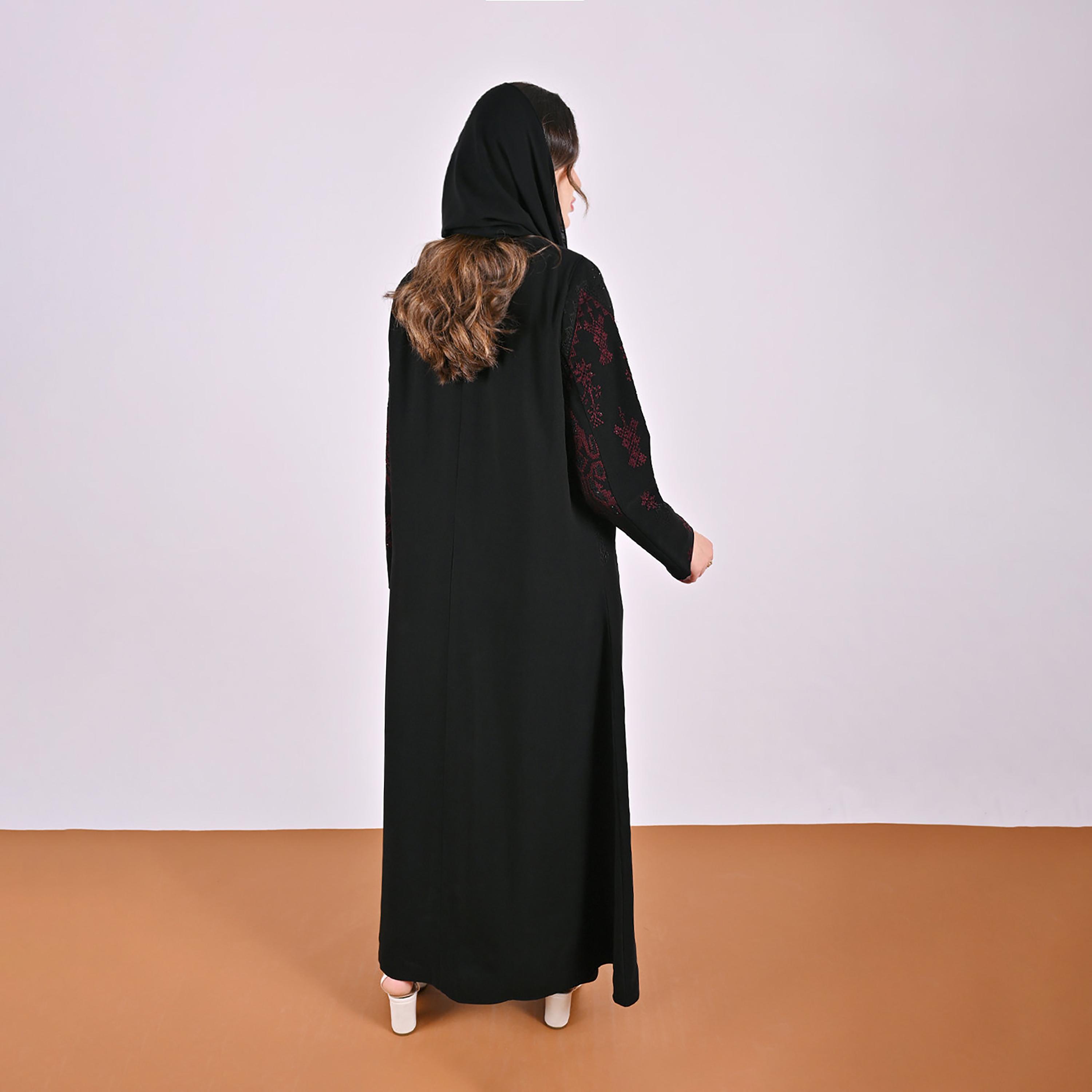 Hawraa Black Geometric Embroidered Linen Women's Abaya with Hijab-women-arabicclothing-abayas-image-5