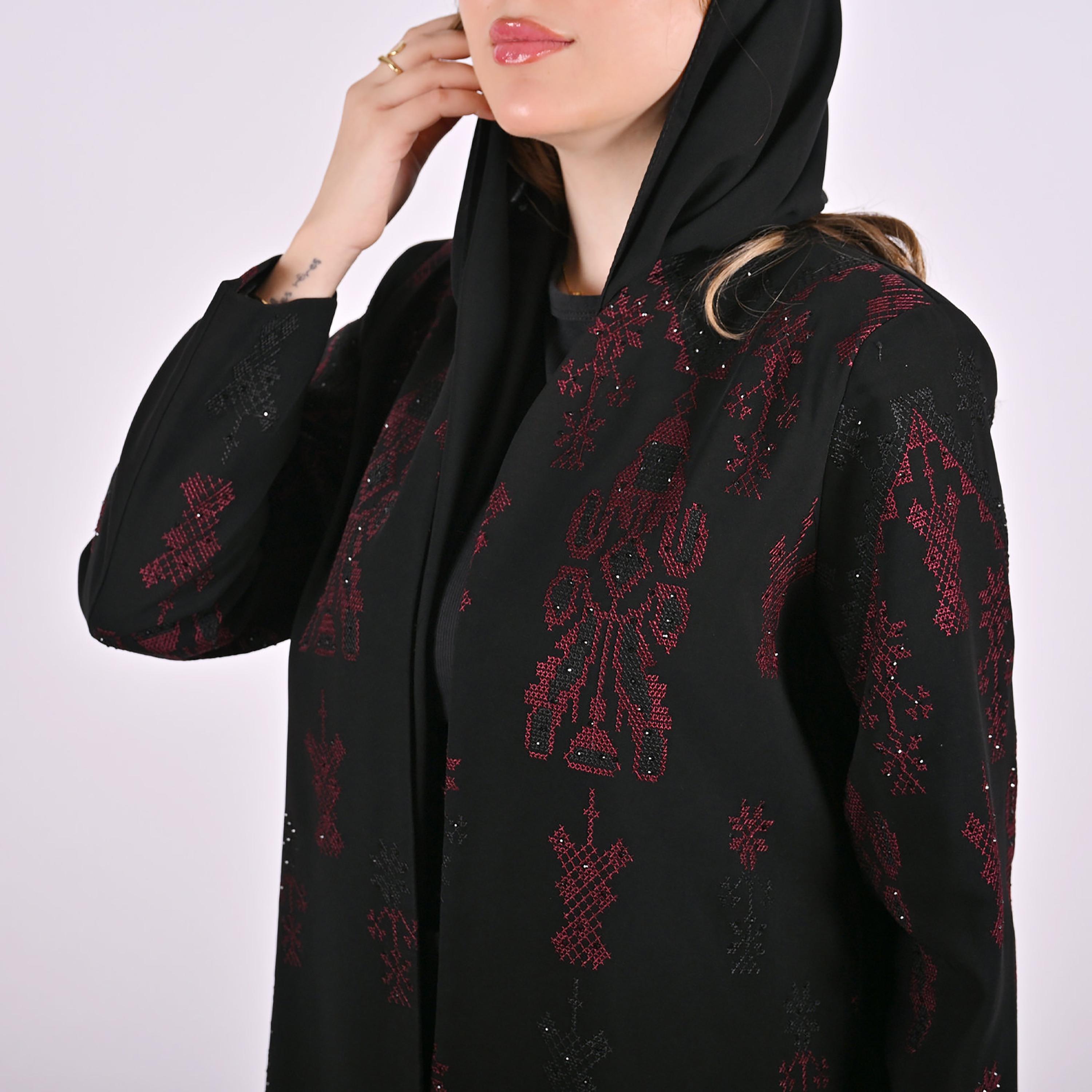 Hawraa Black Geometric Embroidered Linen Women's Abaya with Hijab-women-arabicclothing-abayas-image-6