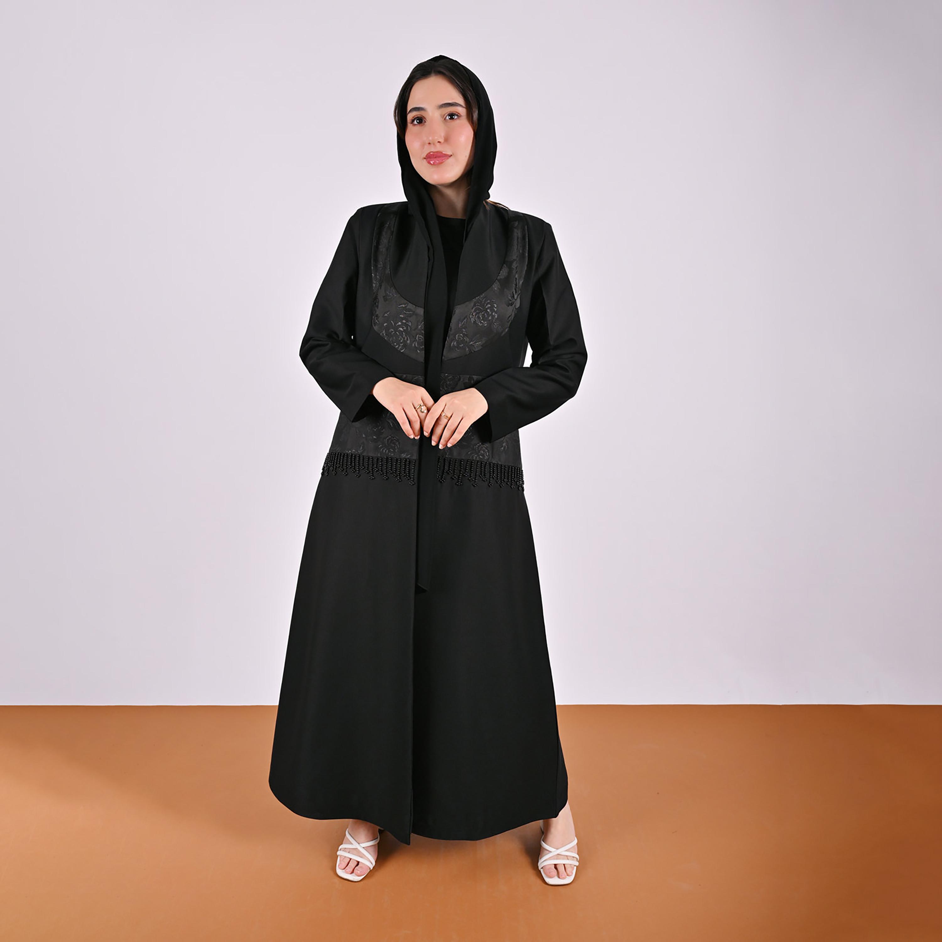Hawraa Black Jacquard Floral Linen Women's Abaya with Hijab-women-arabicclothing-abayas-image-1