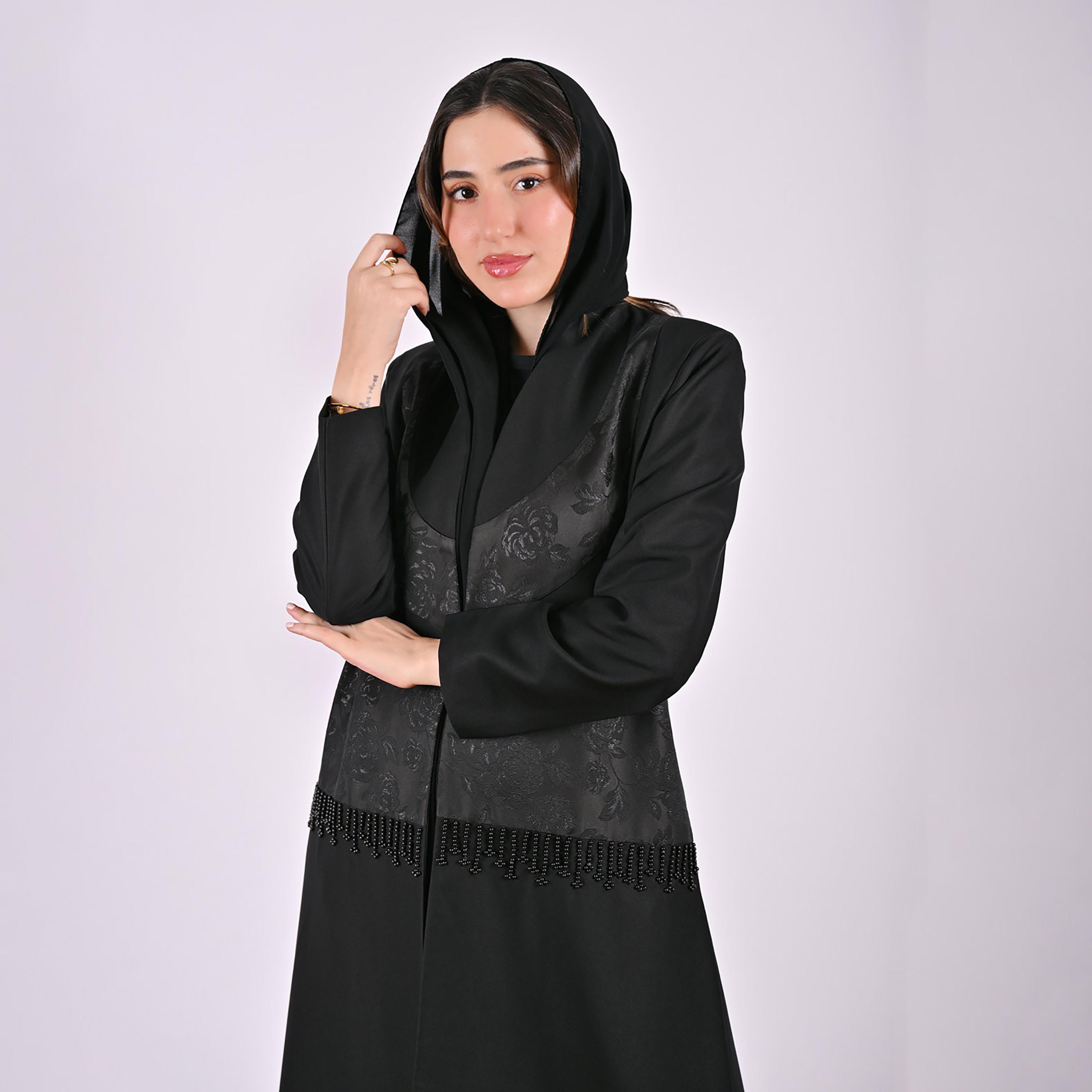 Hawraa Black Jacquard Floral Linen Women's Abaya with Hijab-women-arabicclothing-abayas-image-2