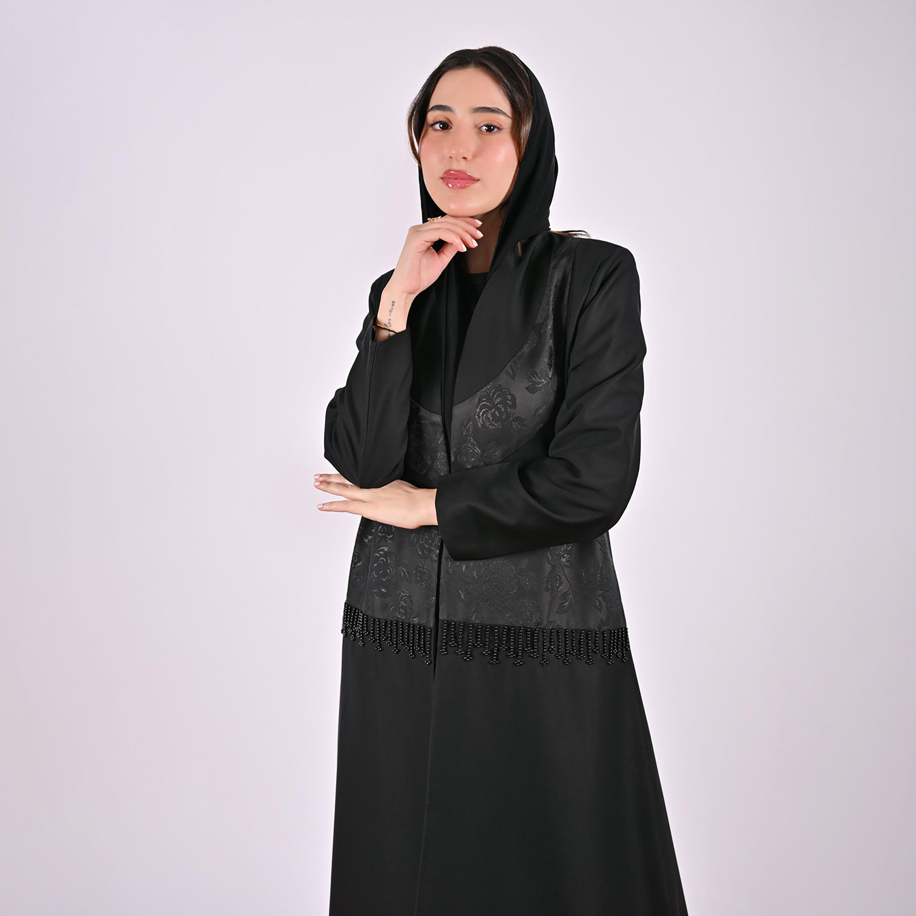 Hawraa Black Jacquard Floral Linen Women's Abaya with Hijab-women-arabicclothing-abayas-image-3