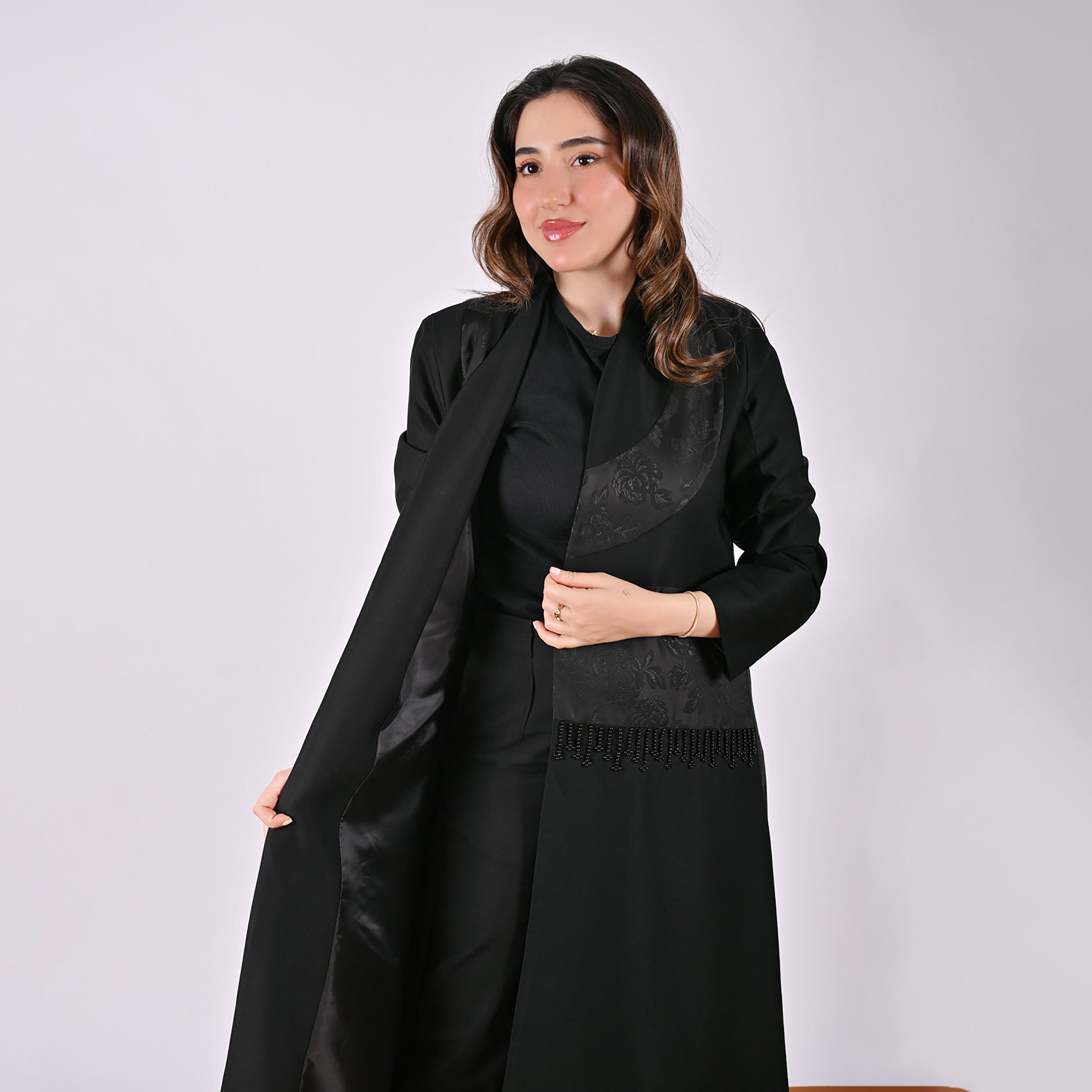 Hawraa Black Jacquard Floral Linen Women's Abaya with Hijab-women-arabicclothing-abayas-image-4