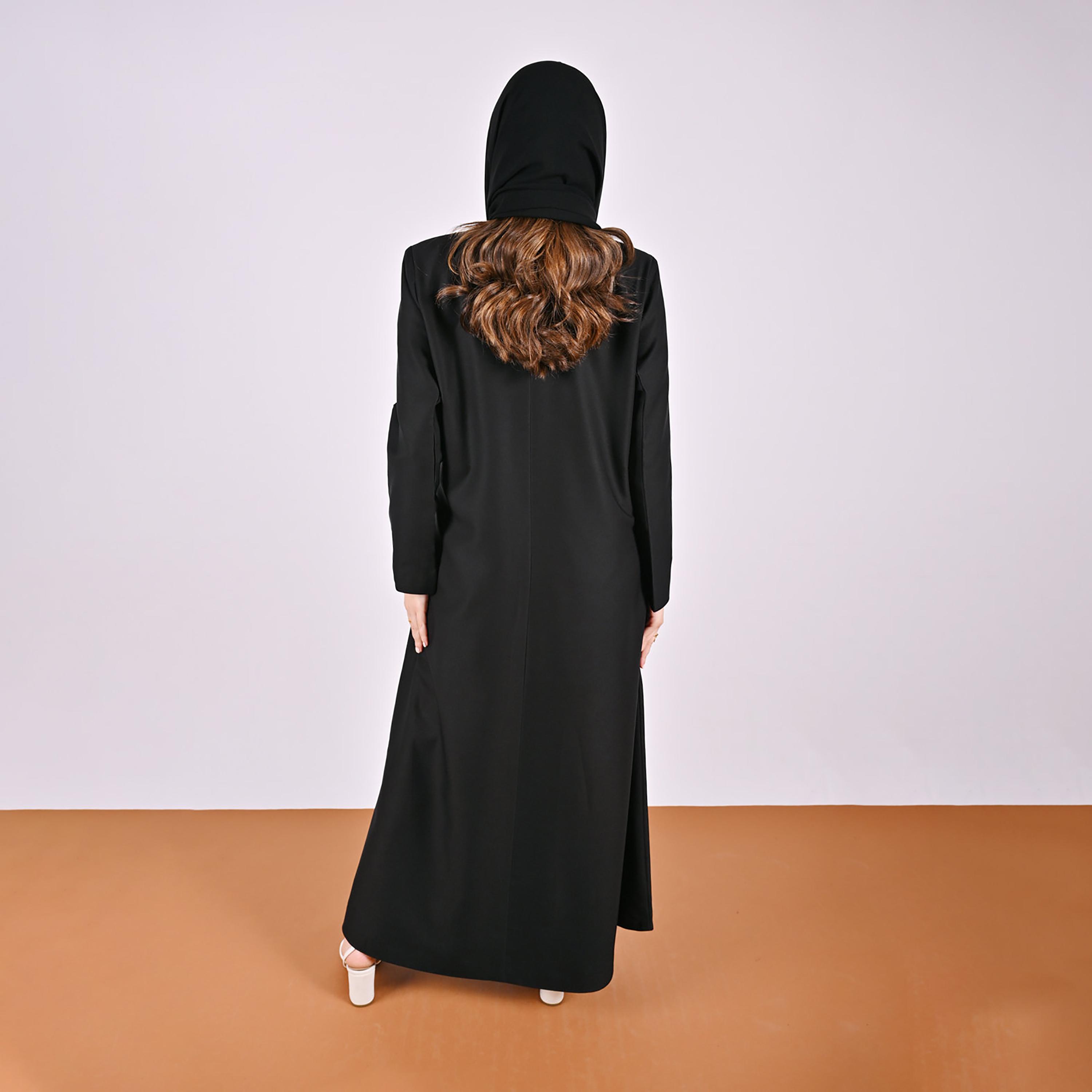 Hawraa Black Jacquard Floral Linen Women's Abaya with Hijab-women-arabicclothing-abayas-image-5