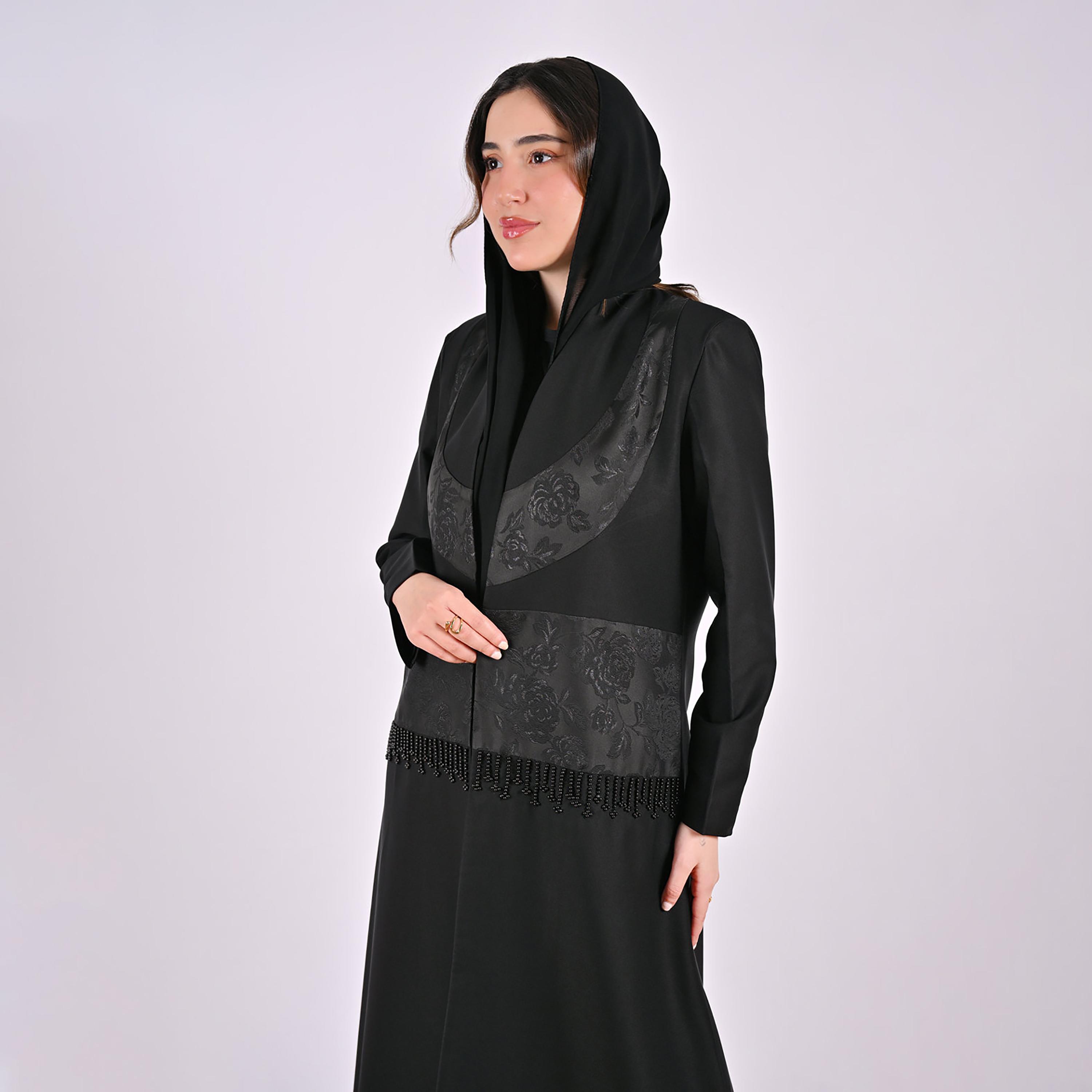 Hawraa Black Jacquard Floral Linen Women's Abaya with Hijab-women-arabicclothing-abayas-image-6
