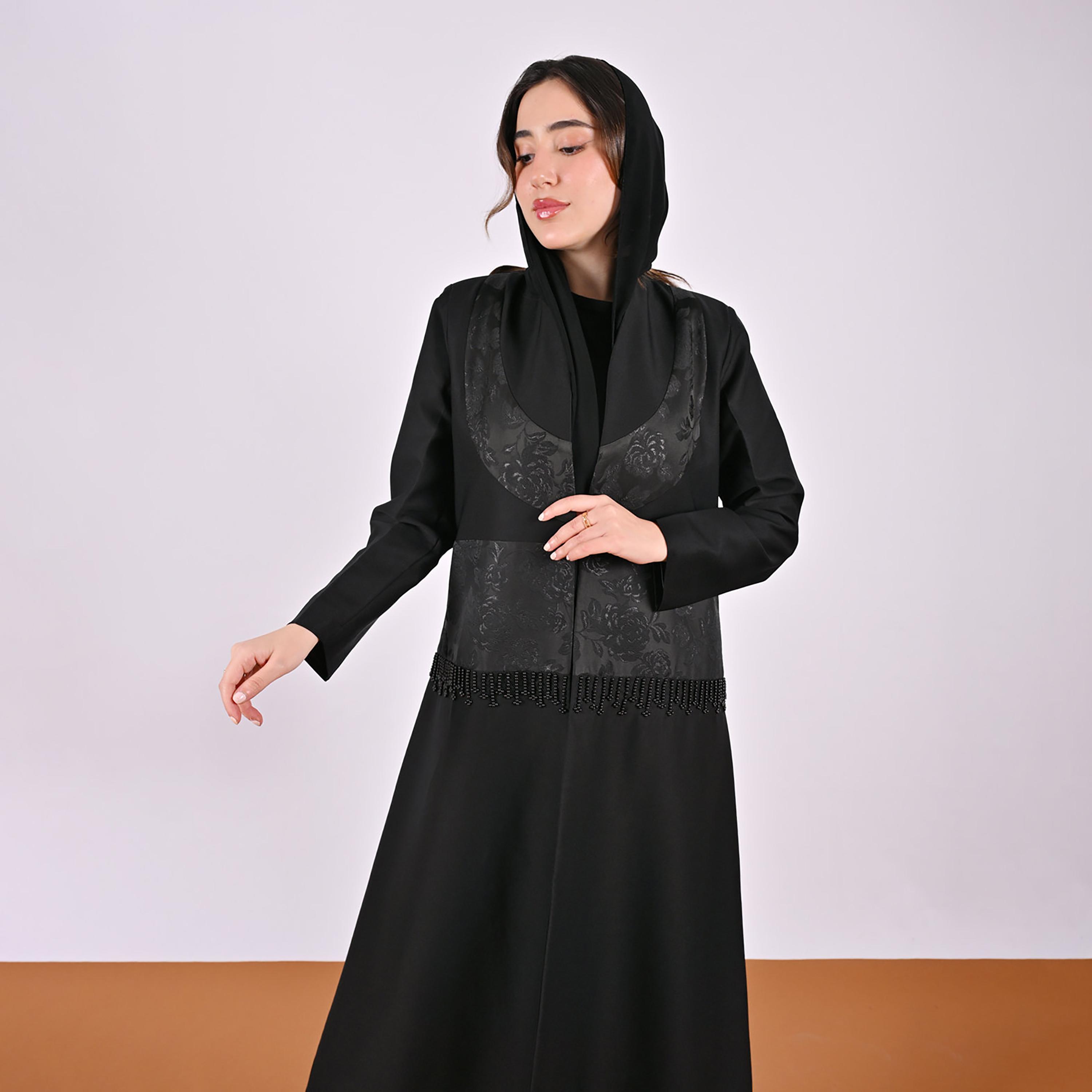 Hawraa Black Jacquard Floral Linen Women's Abaya with Hijab-women-arabicclothing-abayas-image-7