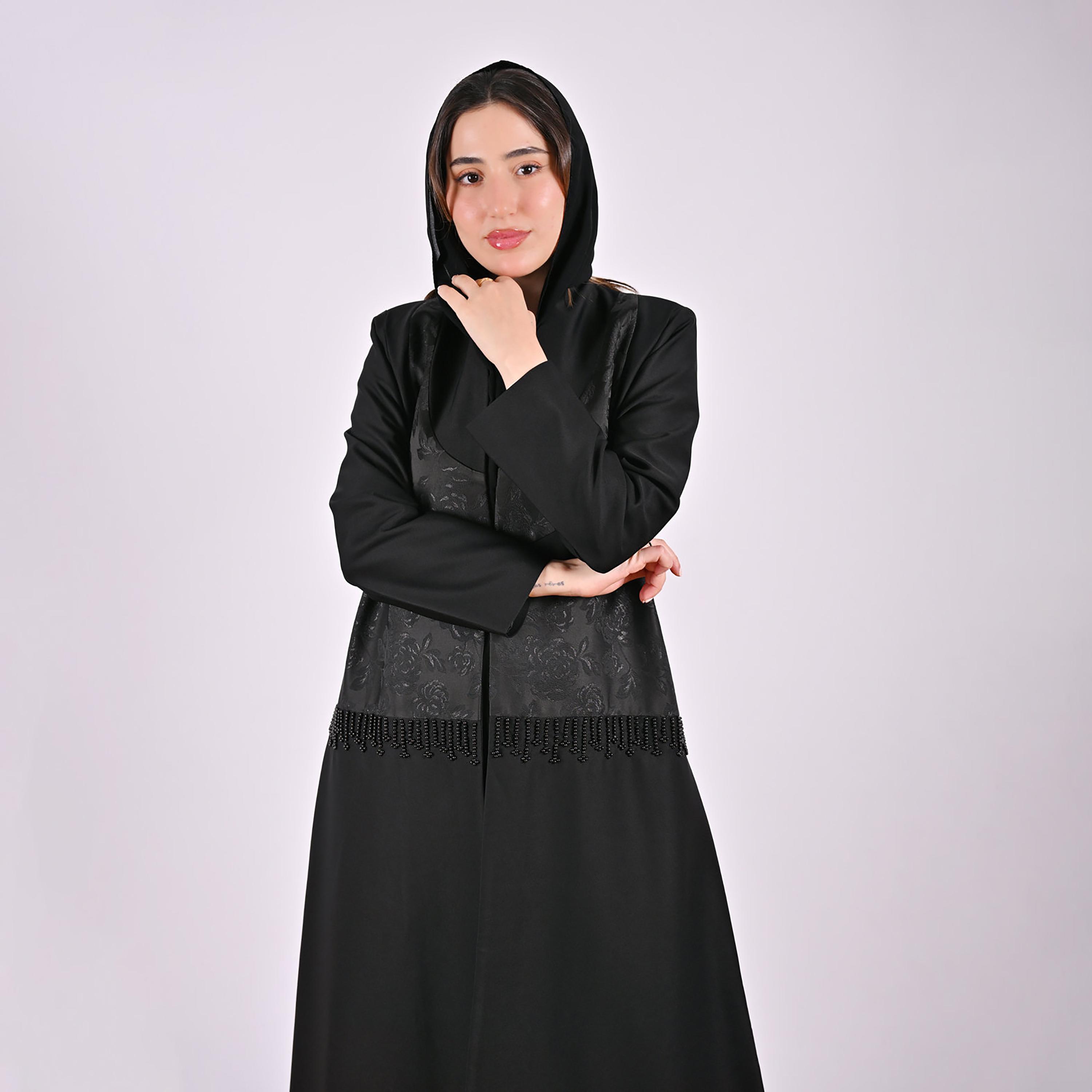 Hawraa Black Jacquard Floral Linen Women's Abaya with Hijab-women-arabicclothing-abayas-image-8
