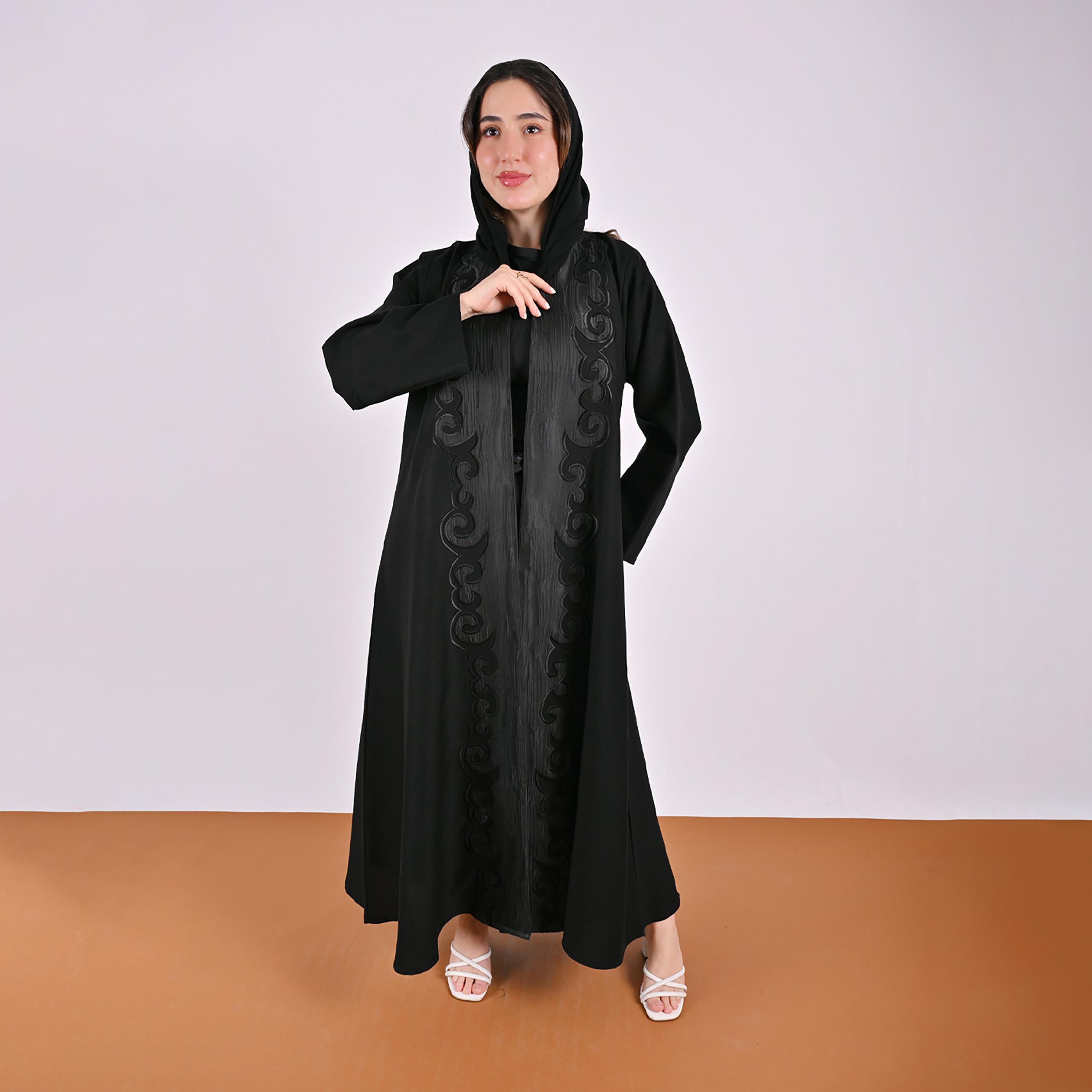 Hawraa Black Jacquard Pattern Linen Women's Abaya with Hijab-women-arabicclothing-abayas-image-1