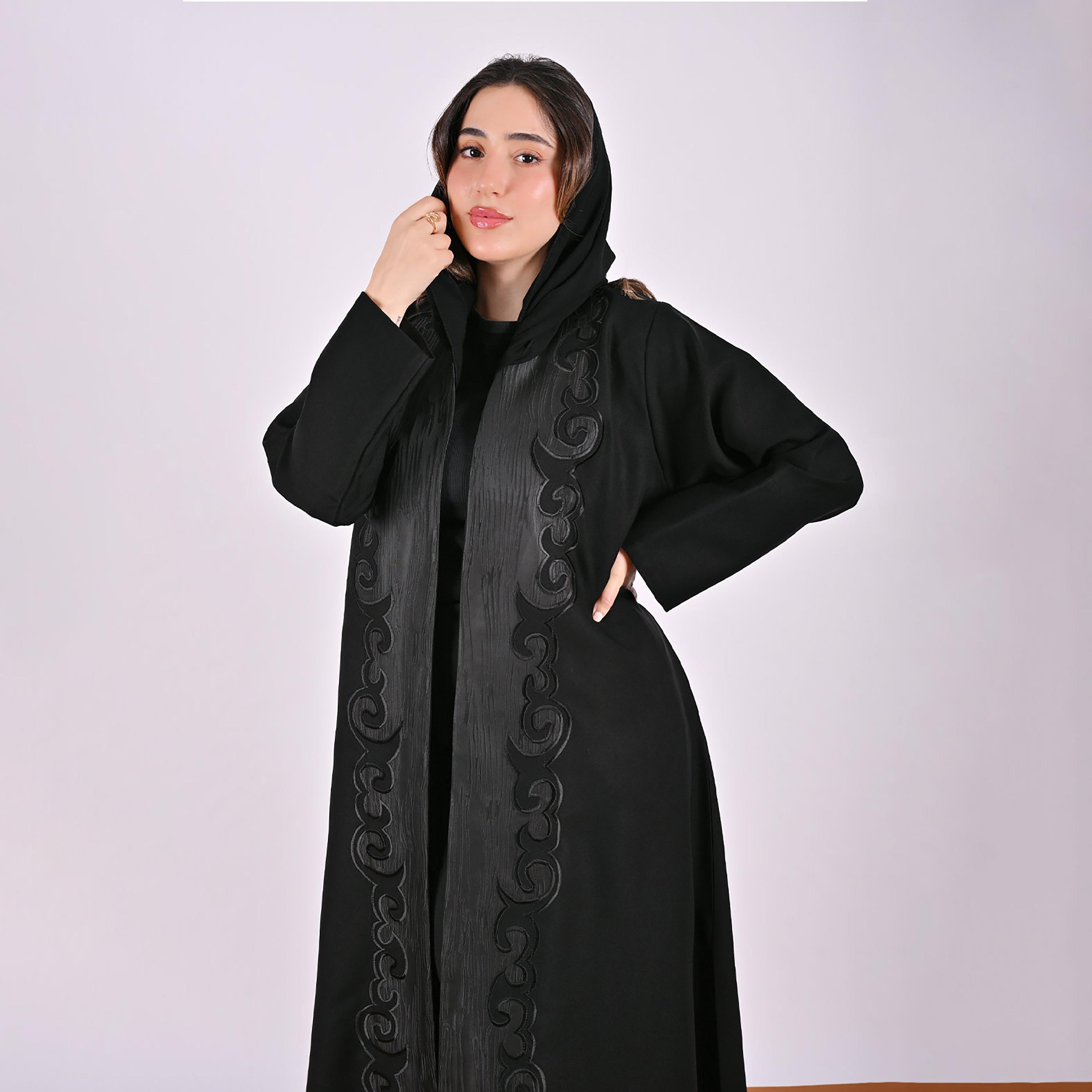 Hawraa Black Jacquard Pattern Linen Women's Abaya with Hijab-women-arabicclothing-abayas-image-2