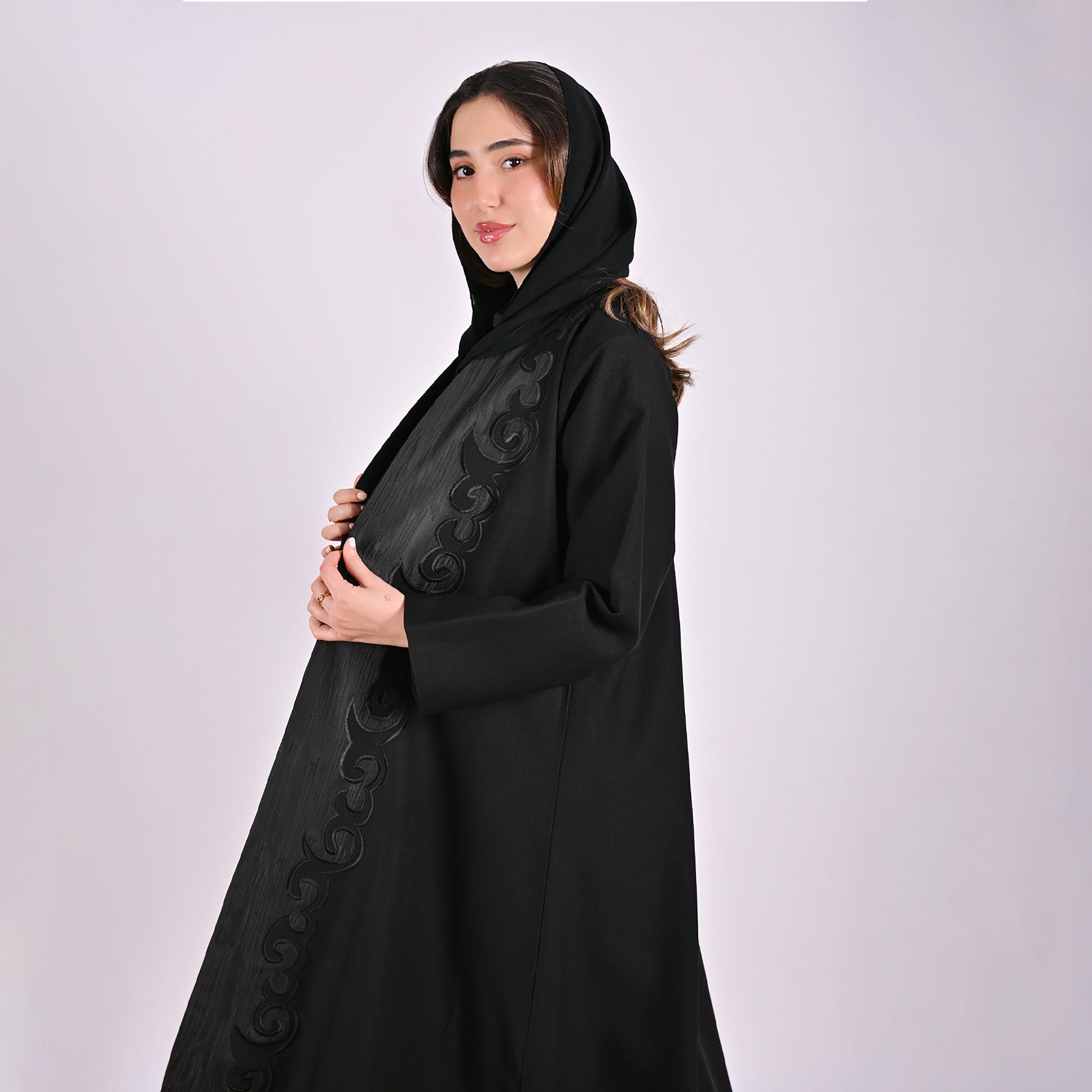 Hawraa Black Jacquard Pattern Linen Women's Abaya with Hijab-women-arabicclothing-abayas-image-3