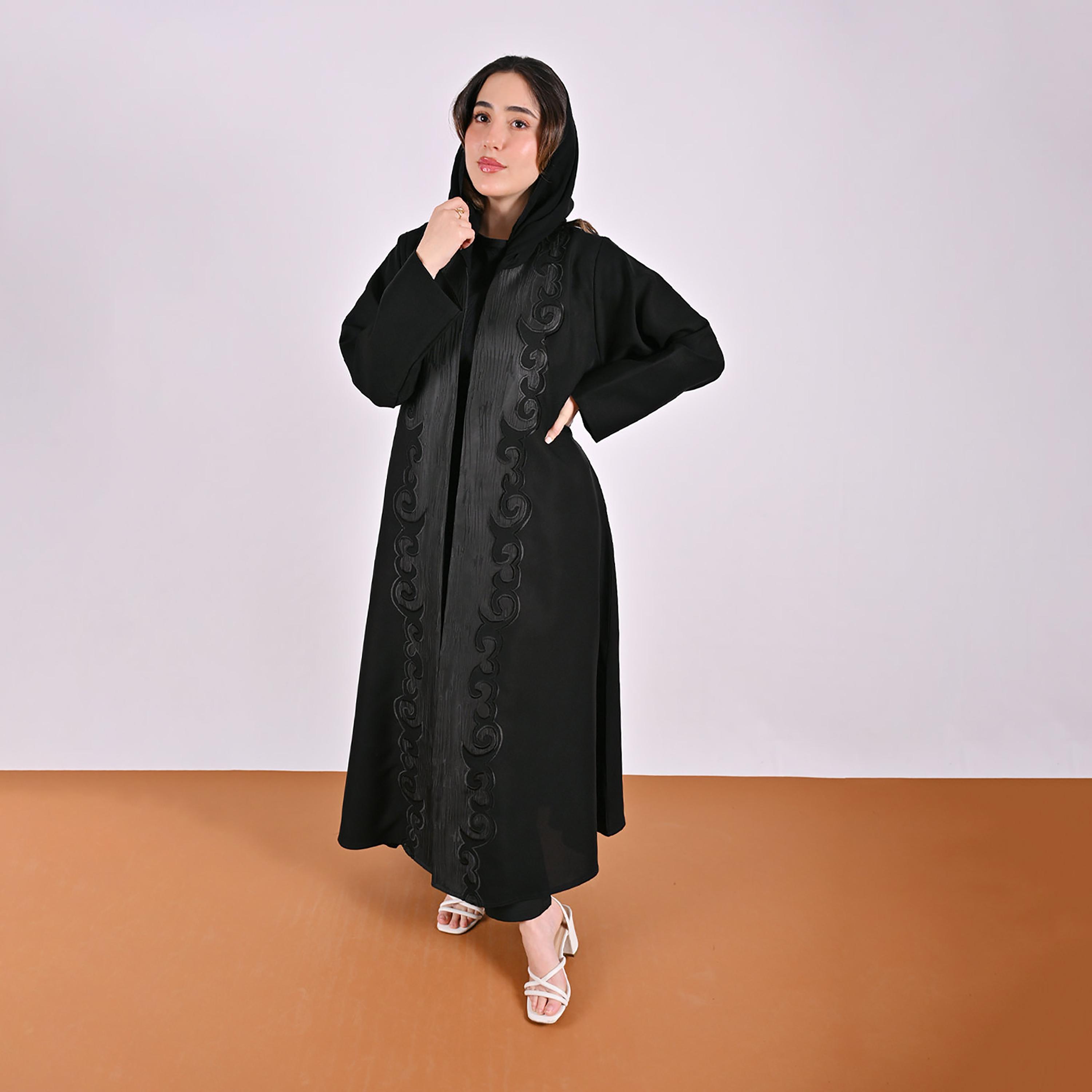 Hawraa Black Jacquard Pattern Linen Women's Abaya with Hijab-women-arabicclothing-abayas-image-4