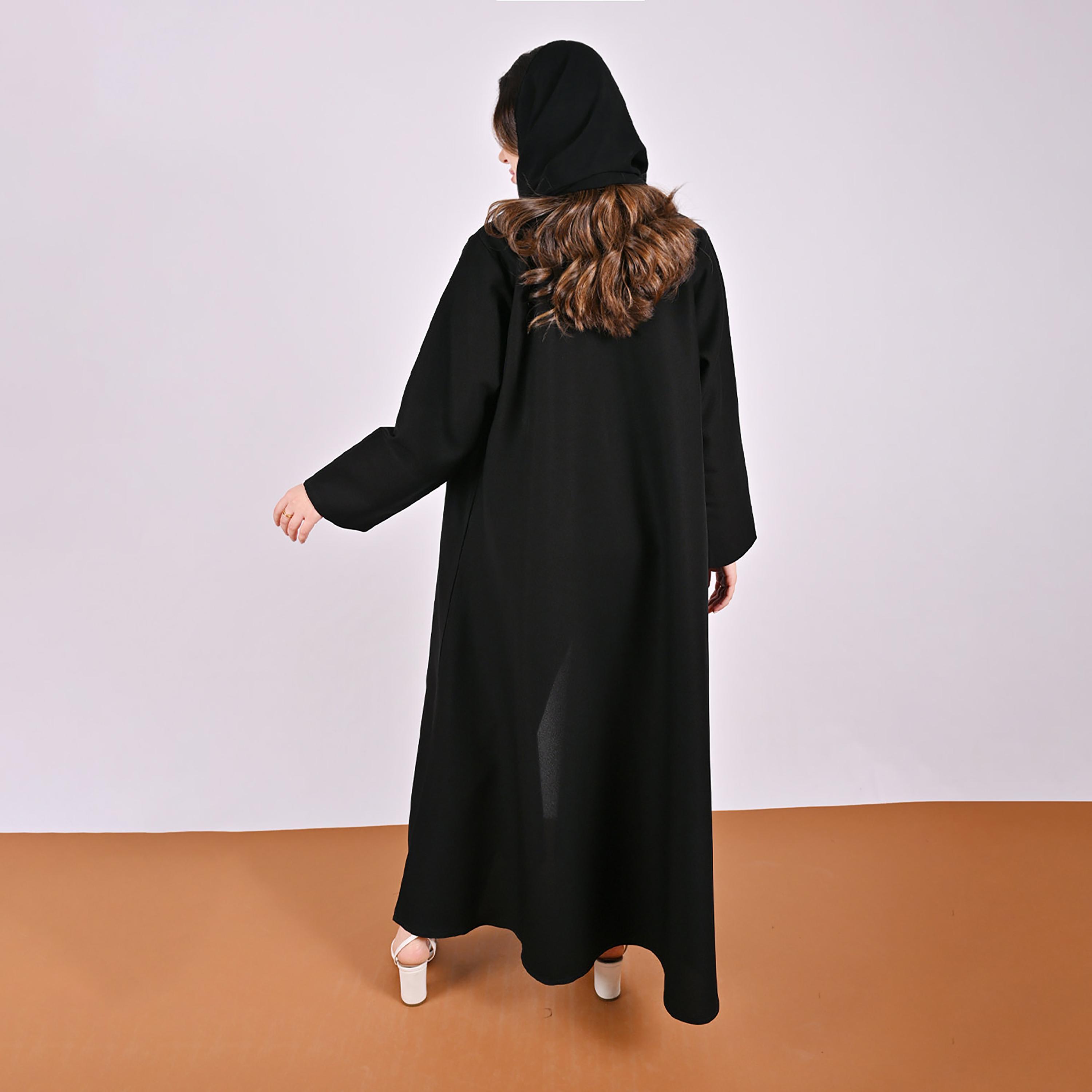 Hawraa Black Jacquard Pattern Linen Women's Abaya with Hijab-women-arabicclothing-abayas-image-5
