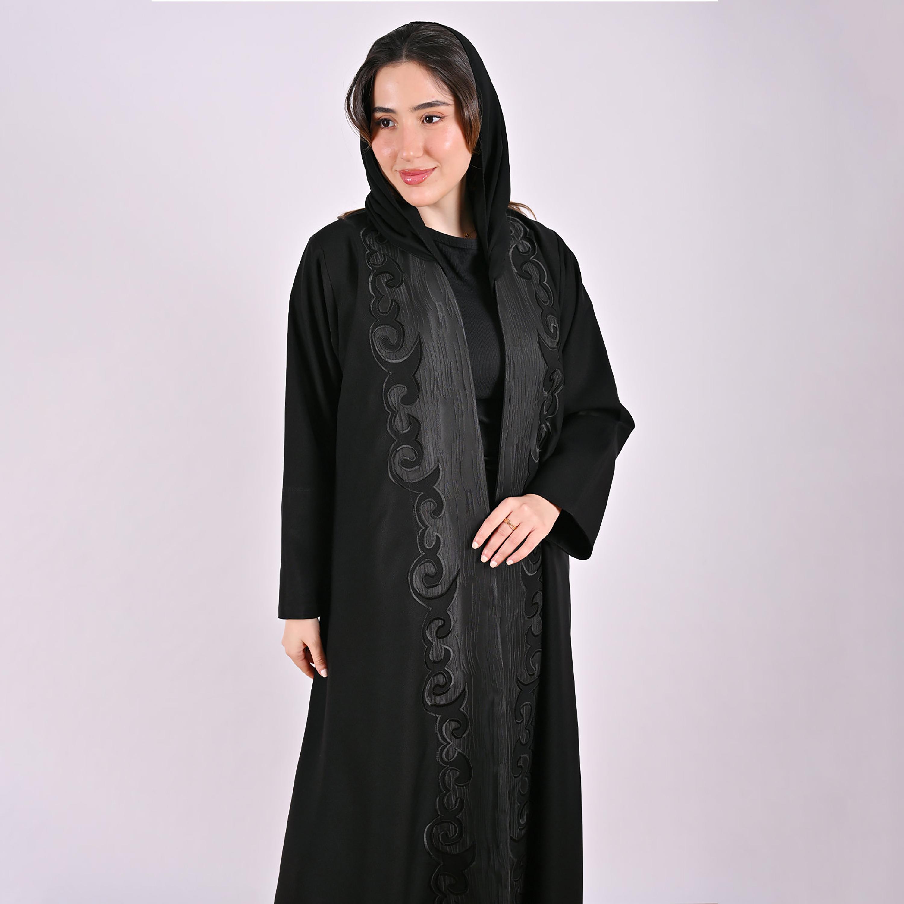 Hawraa Black Jacquard Pattern Linen Women's Abaya with Hijab-women-arabicclothing-abayas-image-6