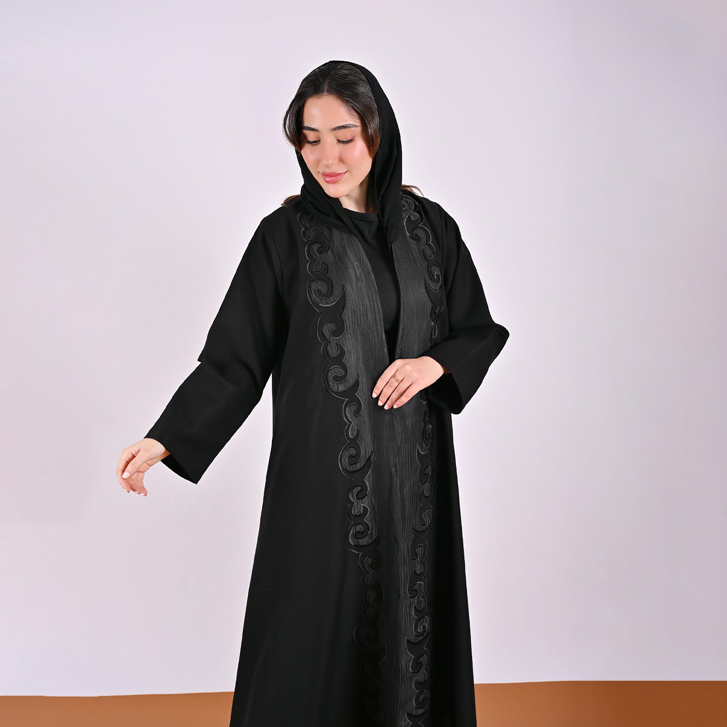 Hawraa Black Jacquard Pattern Linen Women's Abaya with Hijab-women-arabicclothing-abayas-image-7