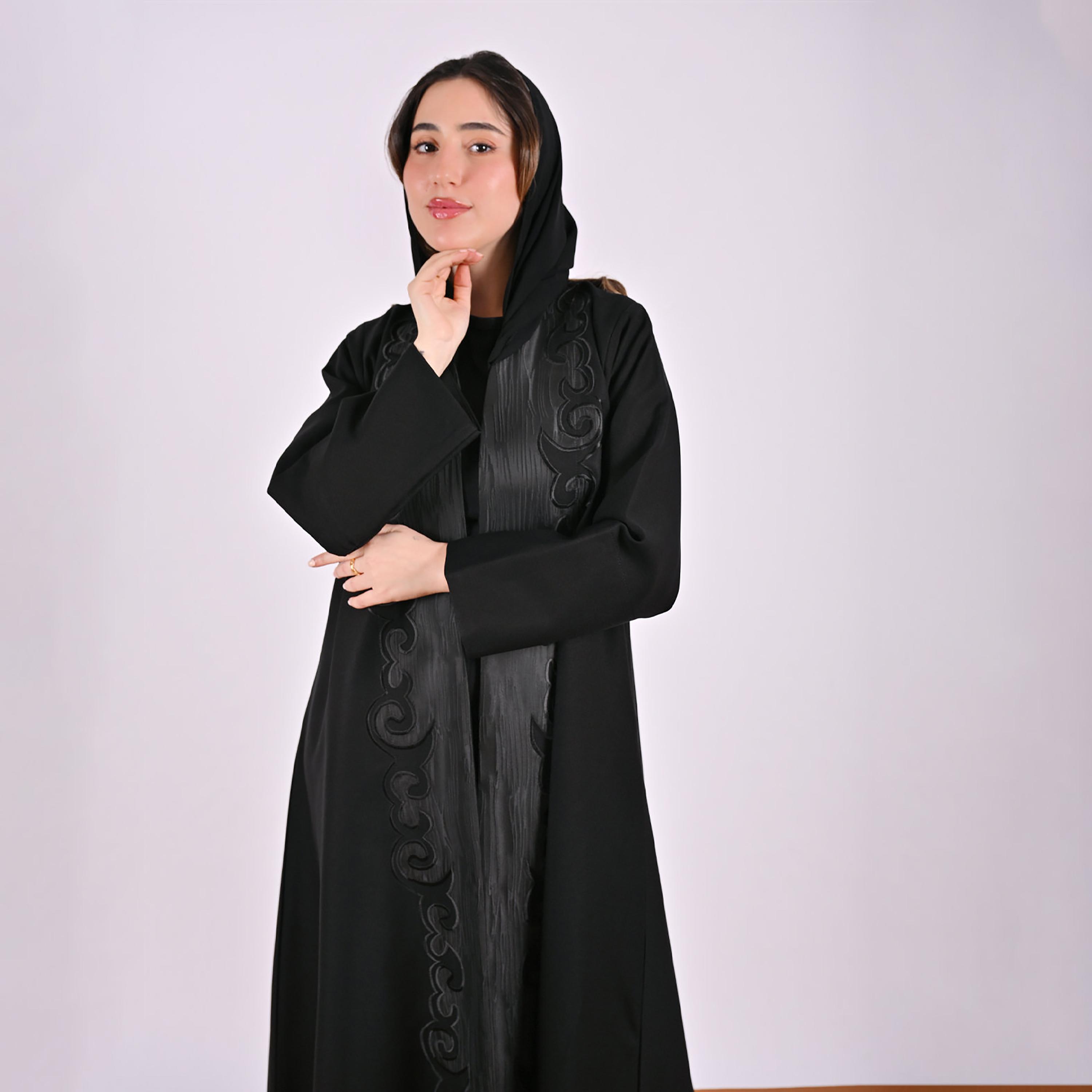 Hawraa Black Jacquard Pattern Linen Women's Abaya with Hijab-women-arabicclothing-abayas-image-8