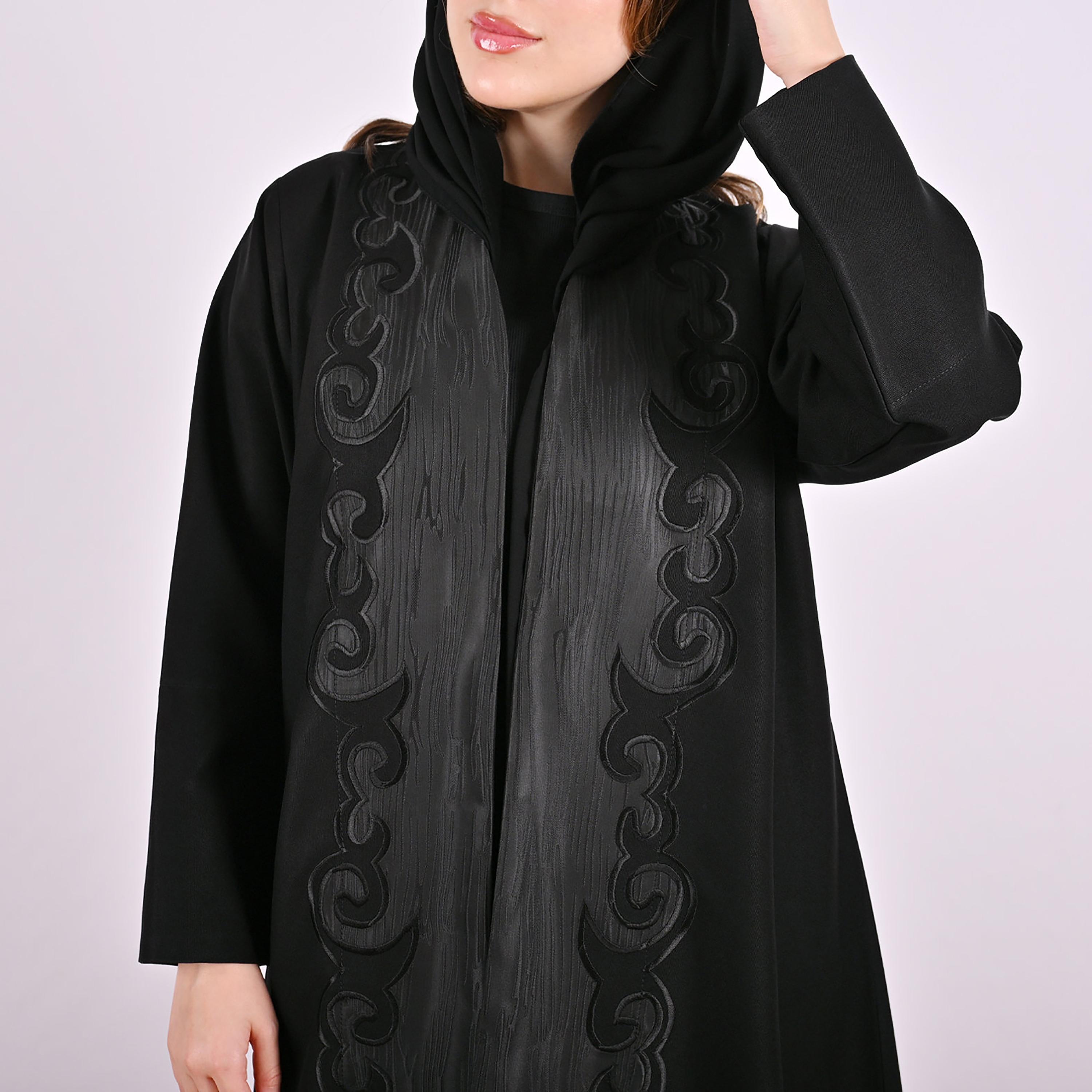 Hawraa Black Jacquard Pattern Linen Women's Abaya with Hijab-women-arabicclothing-abayas-image-9