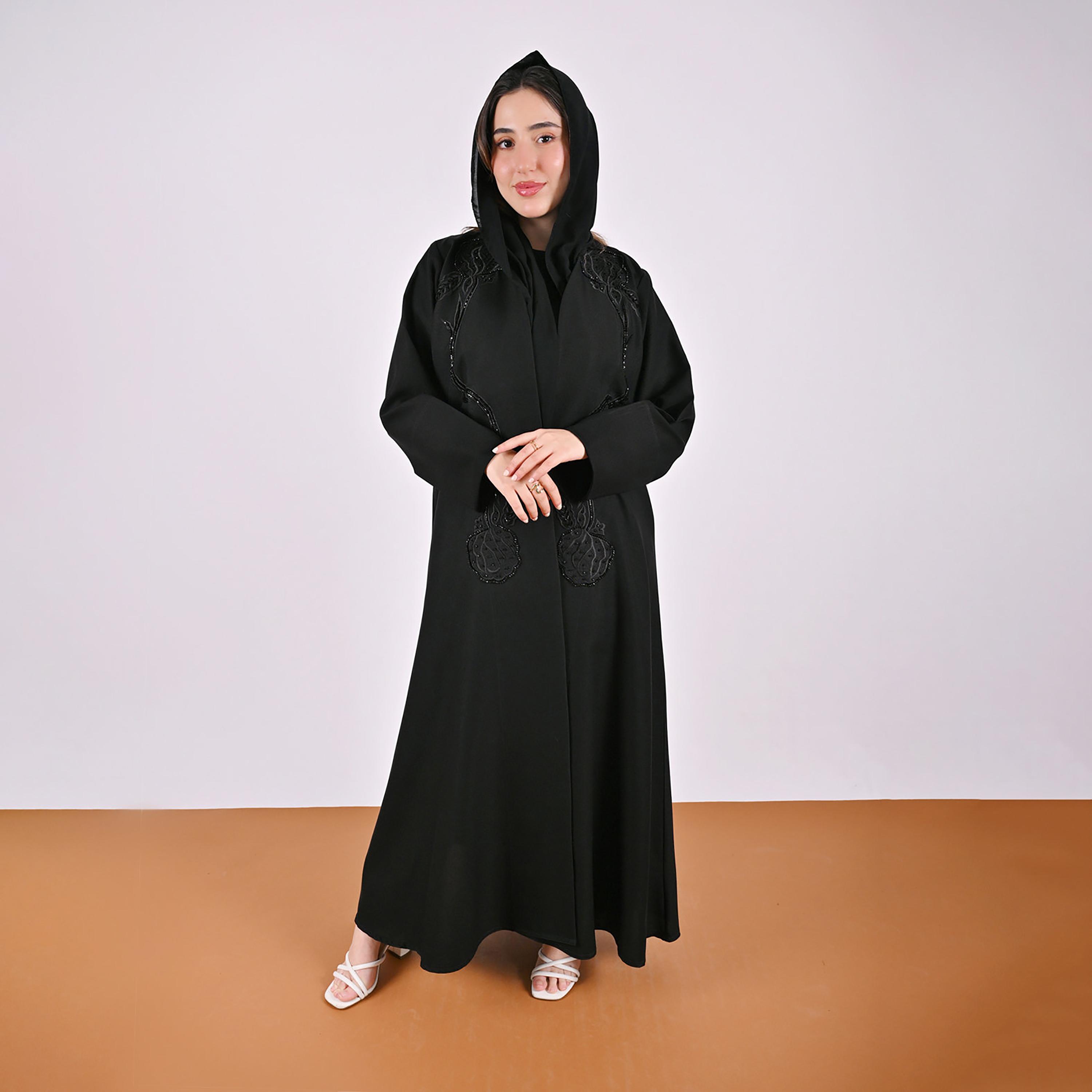 Hawraa Black Floral Embroidered Linen Women's Abaya with Hijab-women-arabicclothing-abayas-image-1