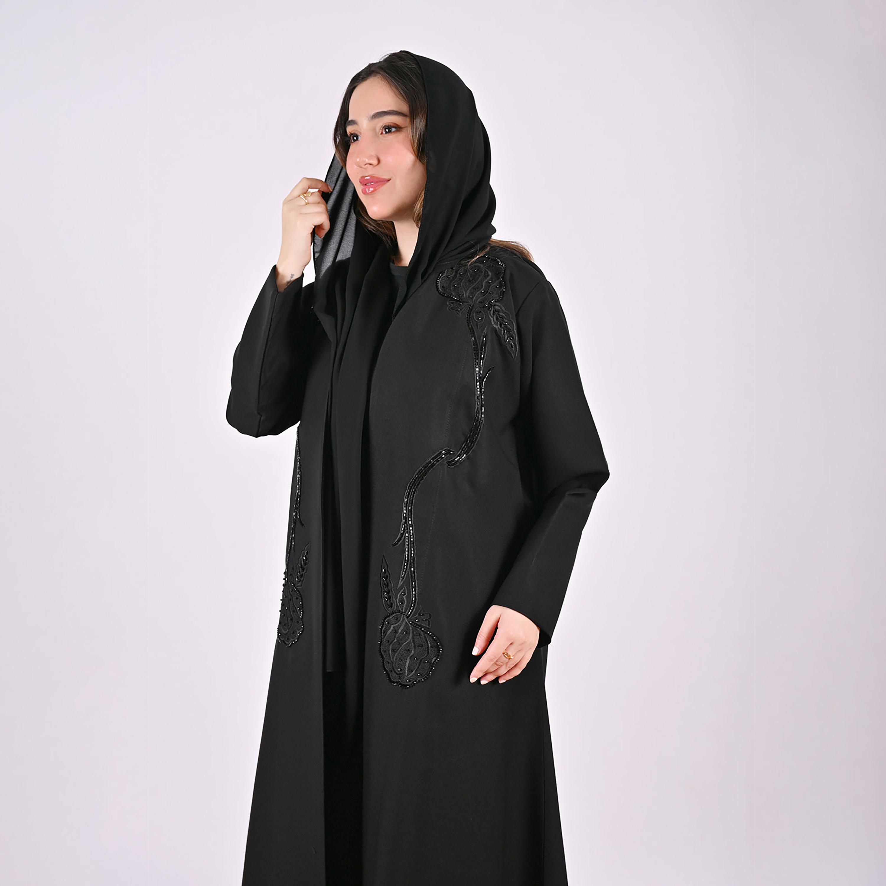 Hawraa Black Floral Embroidered Linen Women's Abaya with Hijab-women-arabicclothing-abayas-image-2