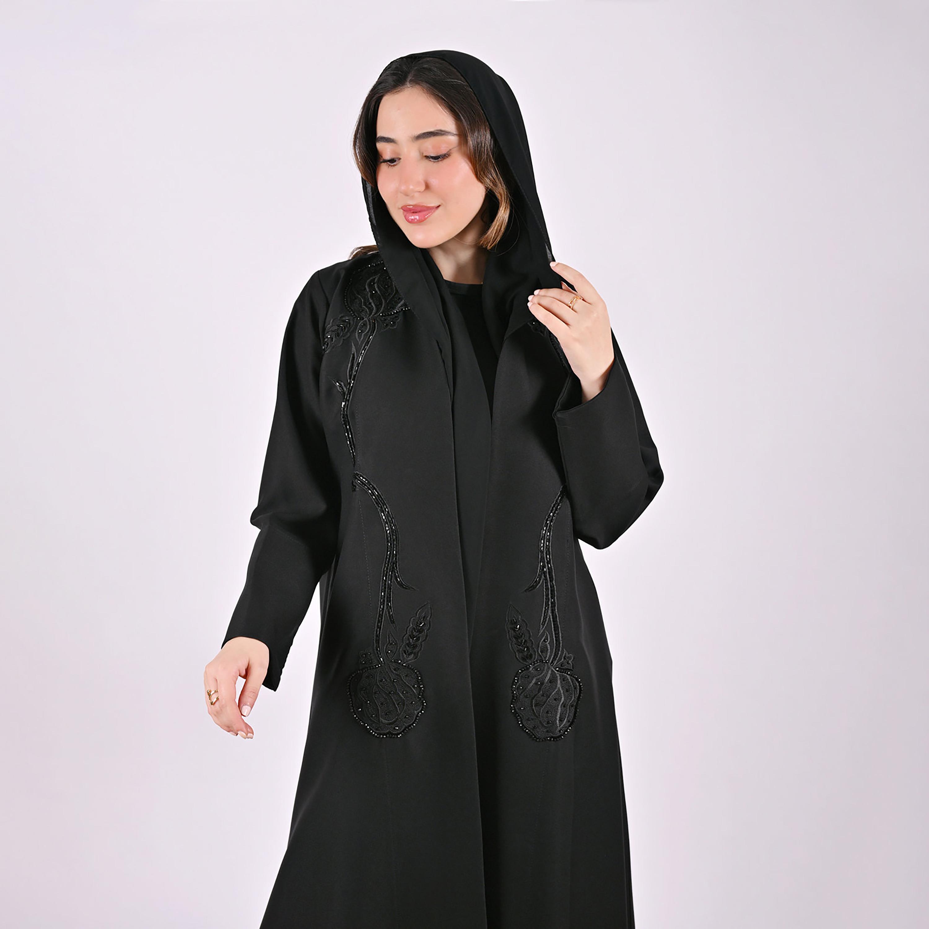 Hawraa Black Floral Embroidered Linen Women's Abaya with Hijab-women-arabicclothing-abayas-image-3