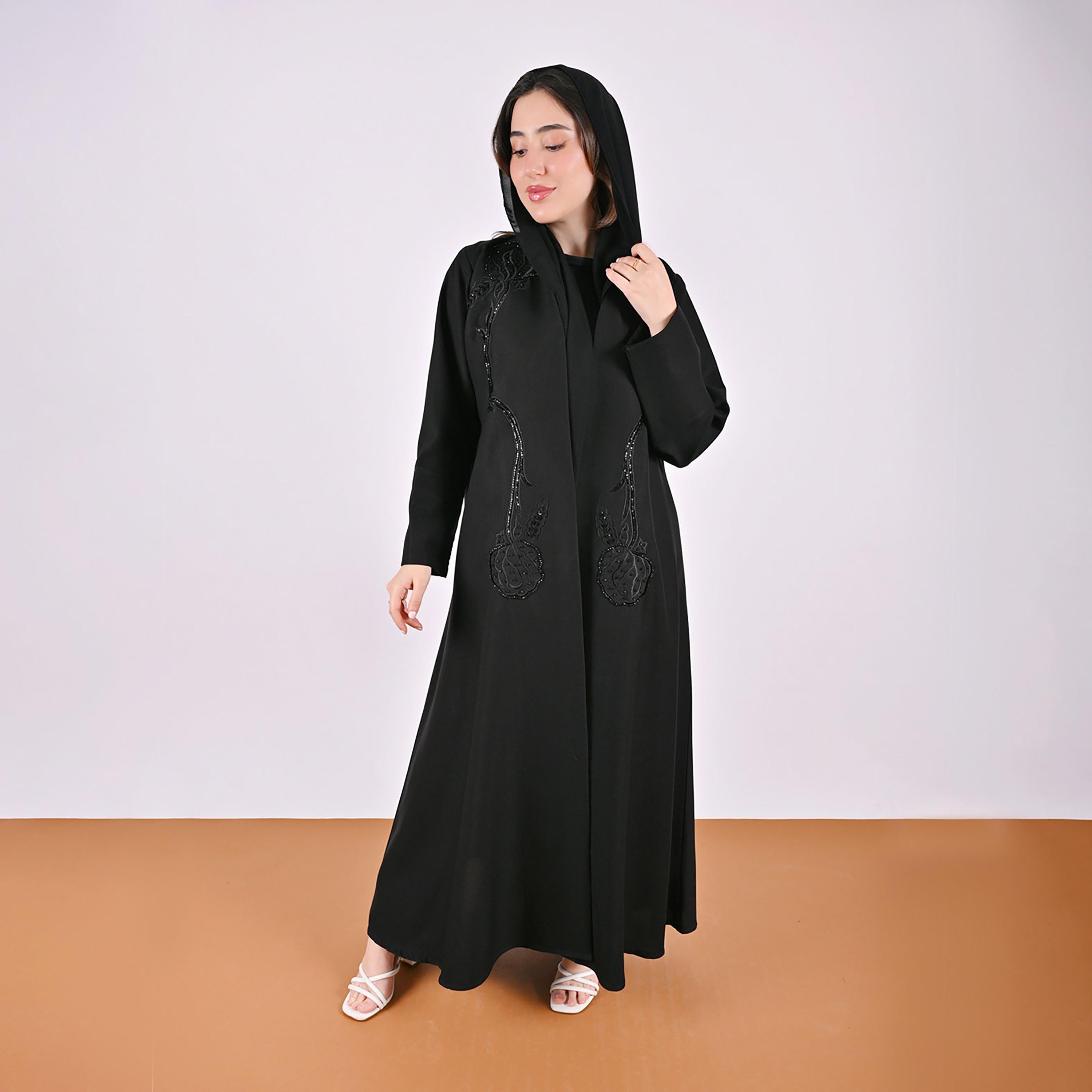 Hawraa Black Floral Embroidered Linen Women's Abaya with Hijab-women-arabicclothing-abayas-image-4