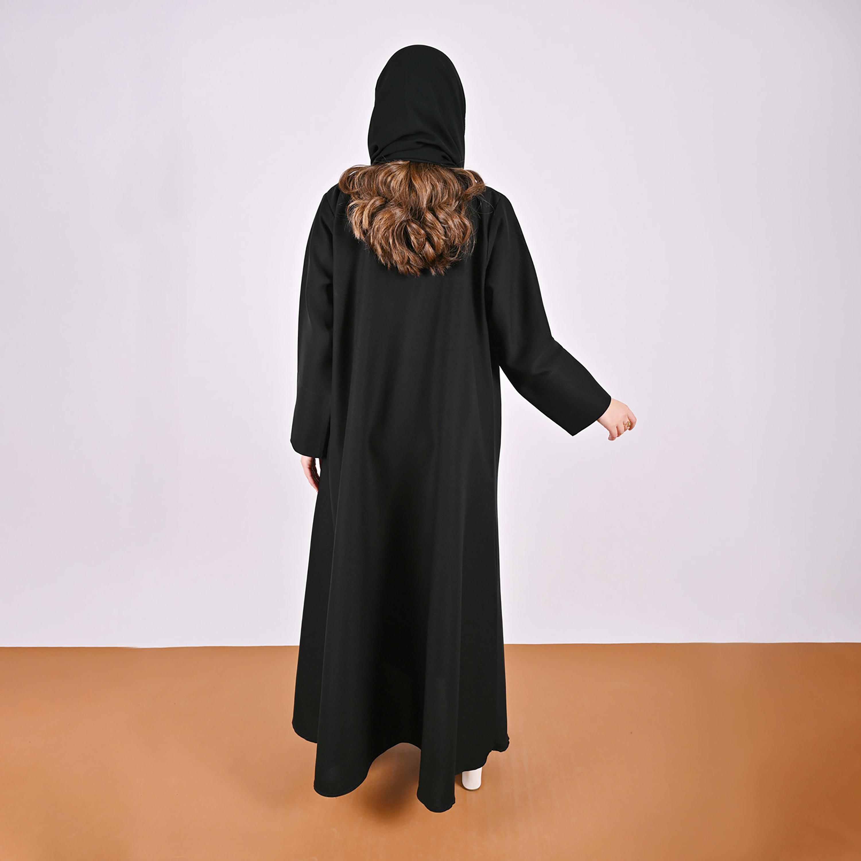 Hawraa Black Floral Embroidered Linen Women's Abaya with Hijab-women-arabicclothing-abayas-image-5