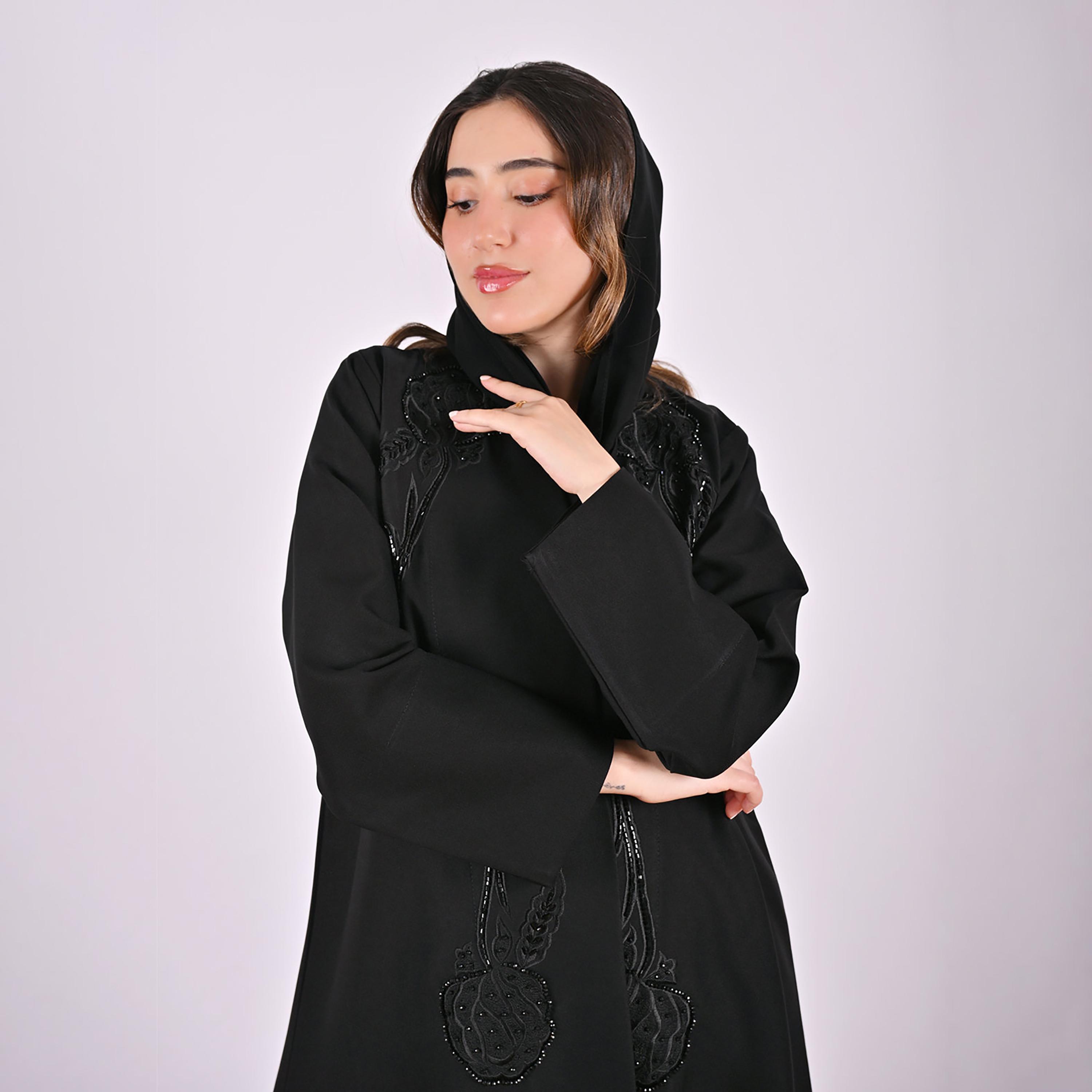 Hawraa Black Floral Embroidered Linen Women's Abaya with Hijab-women-arabicclothing-abayas-image-6