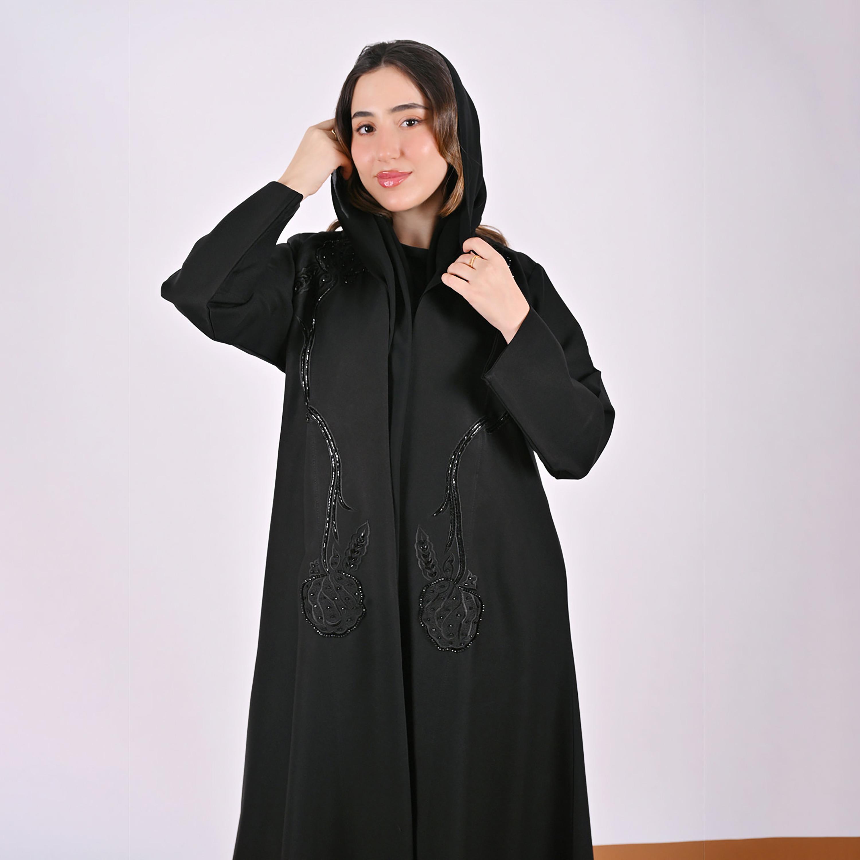 Hawraa Black Floral Embroidered Linen Women's Abaya with Hijab-women-arabicclothing-abayas-image-7